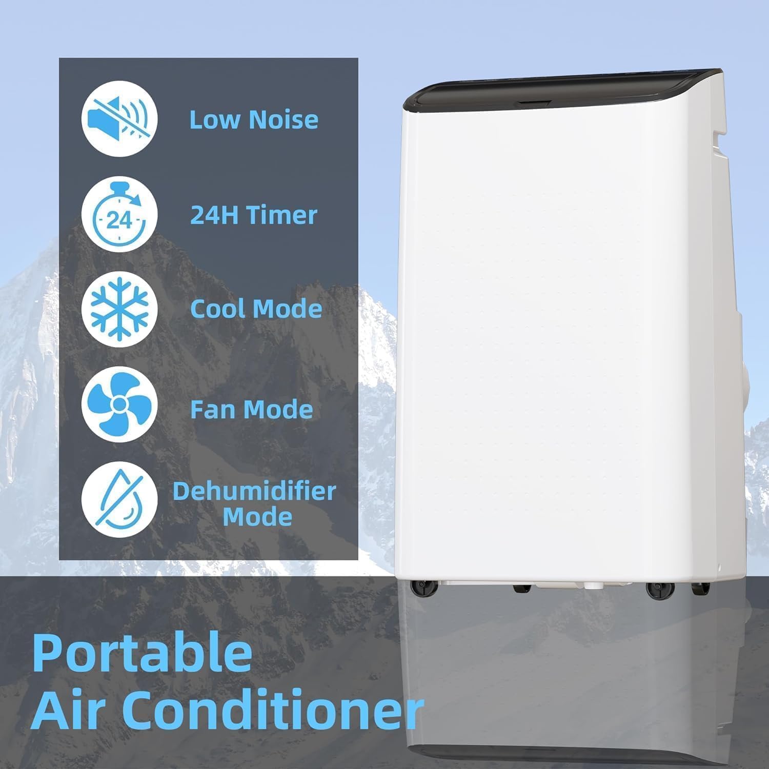 Acekool Portable Air Conditioner with icons for Low Noise, 24H Timer, Cool Mode, Fan Mode, Dehumidifier Mode