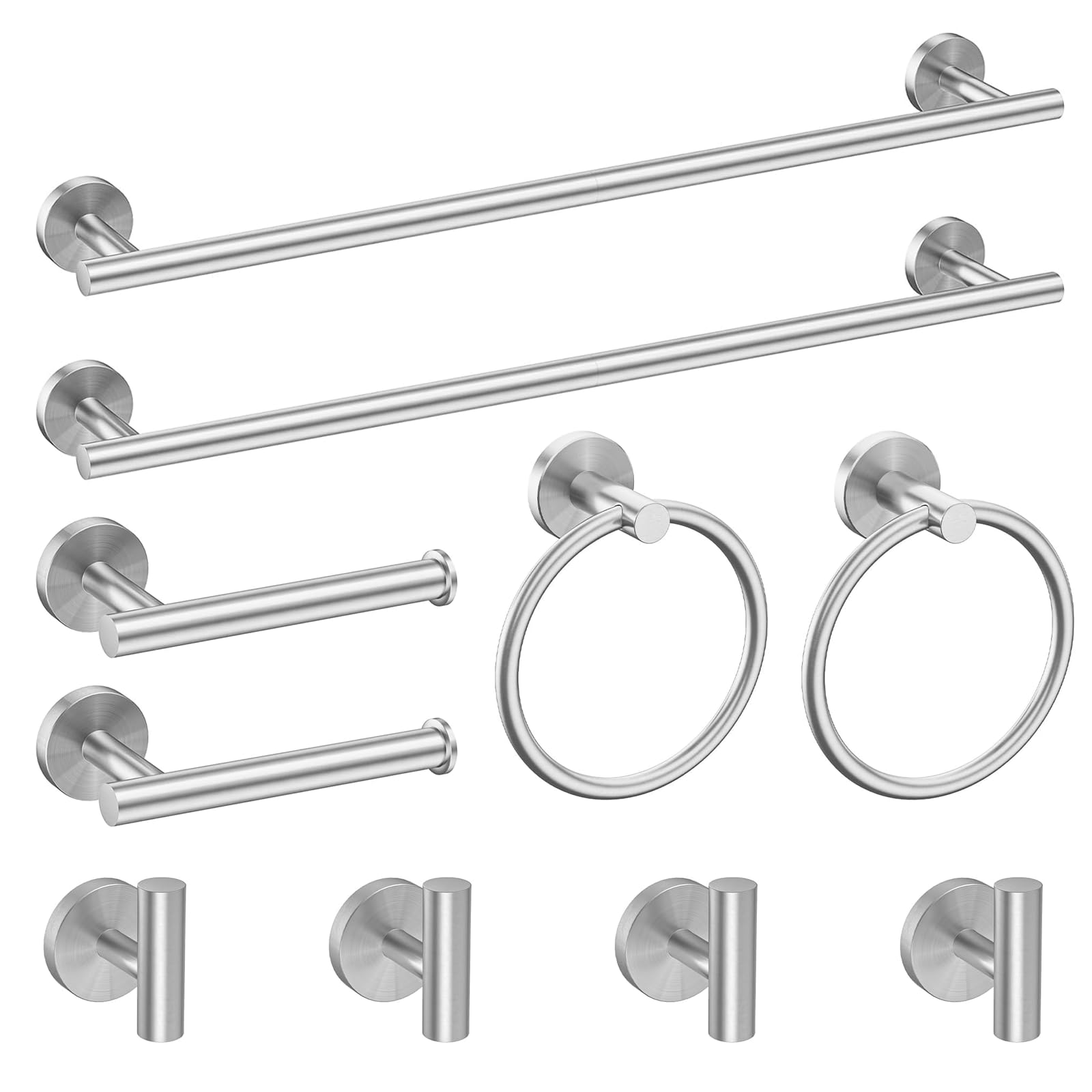 Newfun 10-Pieces Brushed Nickel Bathroom Hardware Set 24 Inch | Includes 24 Inch Towel Racks for Bathroom Wall Mounted, Toilet Paper Holder, Towel Hooks, Towel Rings for Bathroom Wall