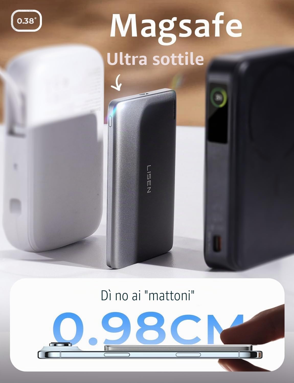LISEN Powerbank MagSafe Slim Magnetica, Ricarica Rapida Qi2.0 15W 5000mAh Ultraleggera 106g, Powerbank Wireless per iPhone, Ricarica Induttiva, Custodia per Batteria del Telefono per iPhone 17e 16 Pro