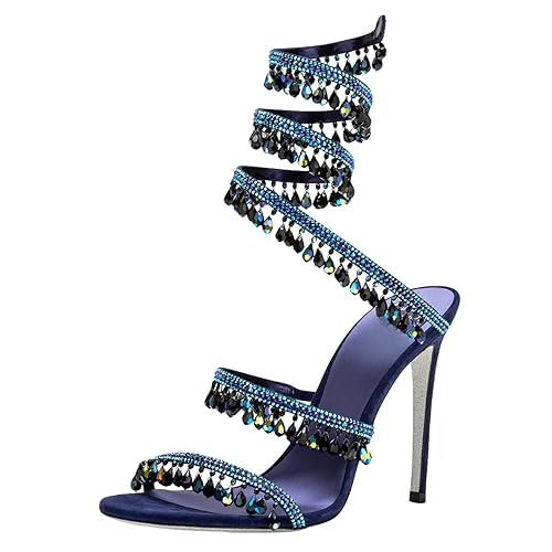 Longwenxuan Rhinestone Tassel Wrap Around High Heels Stiletto Sandals for Women,Women's Colorful Diamonds Twist Around Open Round Toe Lace up Heeled Sandals Date Banquet Dress Wedding Prom High Heeled Shoes - 6 - Dark Blue