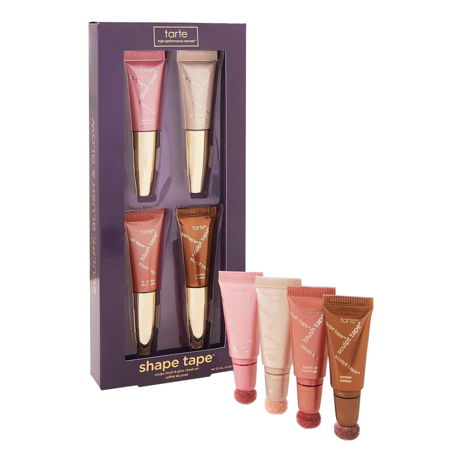 TARTE Shape Tape Sculpt, Blush & Glow Cheek Set - Travel Size Highlighter, Contour, and Liquid Blush in Pearl Glow, Cool Bronze, Pink, and Coral
