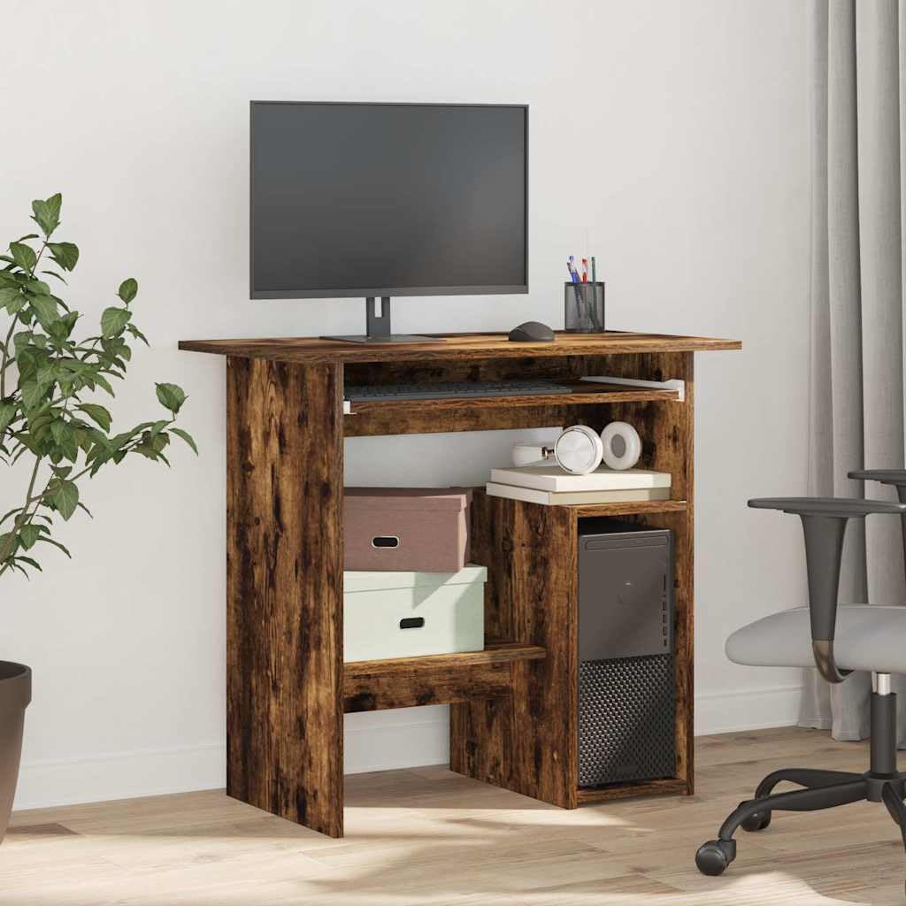 Biurko, dąb wędzony, 80 x 45 x 74 cm, materiał drewnopochodny, stolik pod komputer, do biura, laptopa, stół roboczy z półką na klawiaturę i miejscem do przechowywania, ergonomiczne, zajmuje