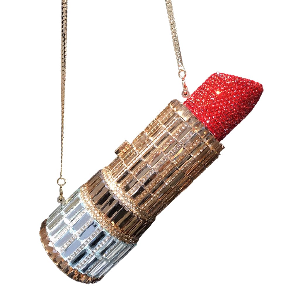 DJBM Women Lipstick Rhinestone Handbag Sparkling Deluxe Crystal Evening Clutch for Cocktail Prom Fashion White Gold Red