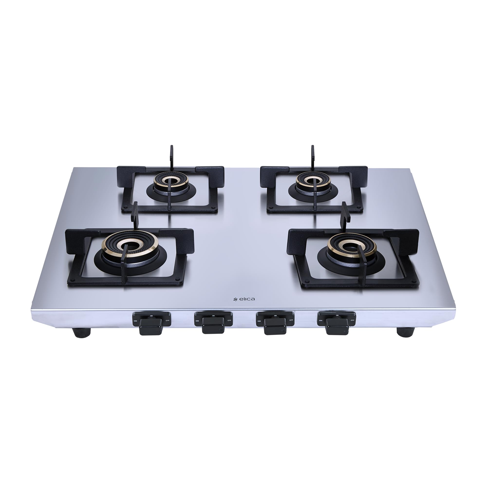 Elica 4 Burner 2mm Stainless Steel Gas Stove | INOX HD 4B 69 SG | 69cm Compact Layout, Forged Brass Burners - 1 Jumbo 1 Medium & 2 Small Burners, Square Grid Pan Support, 2 Yr Warranty-image-8