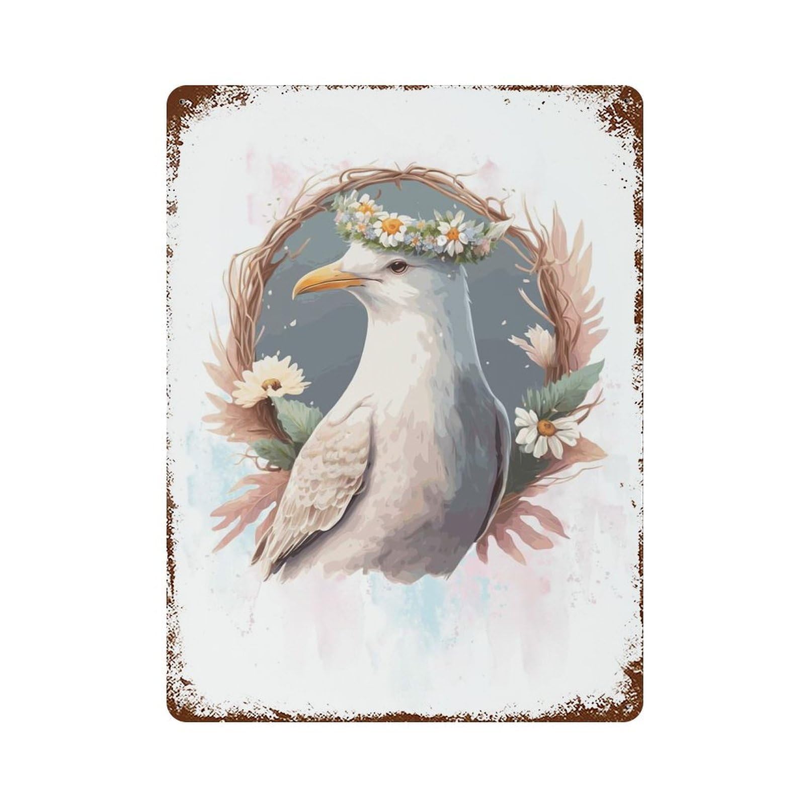Floral Watercolor Seagull Vintage Metal Tin Sign 15.7"x11.8", Rustic Home Decor for Garage, Bar And Workshop Decor