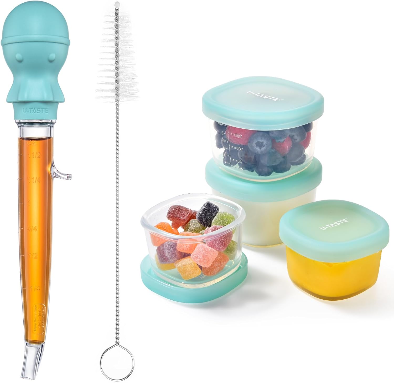U-Taste 228.2℉ Heat Resistant 1.5oz Angled Turkey Baster and 3oz 6oz Small Storage Containers Food Grade Liquid-Silicone Freezer Box Set of 4 (Aqua Sky)
