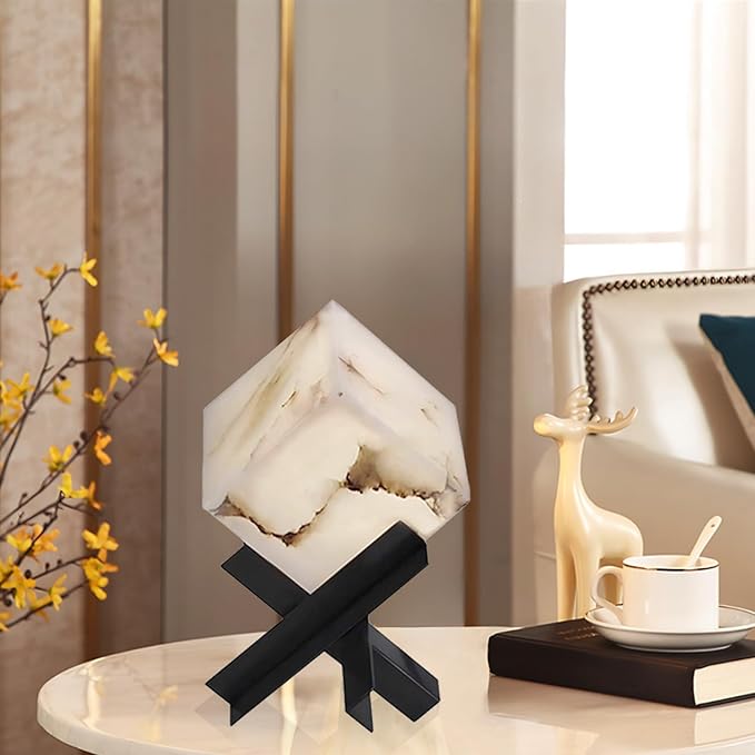 WOSBO Alabaster Table Lamp, Modern Minimalist 4.7" Square Marble Table Lamp with Black Trident Metal, Mid Century Cube Stone Lamp for Bedroom Bedside Nightstand Living Room Art Deco Bauhaus Style photo 2