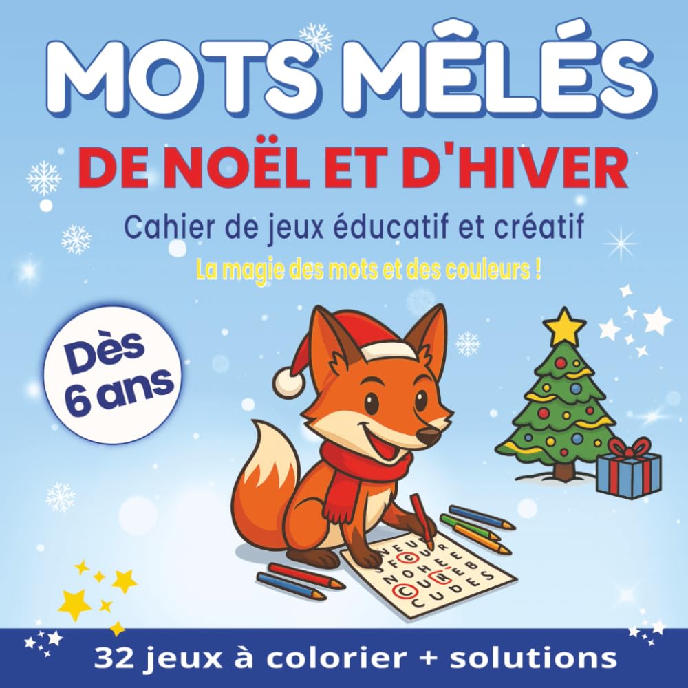 Mots Mêlés de Noël et d’Hiver – Cahier de jeux éducatif & ludique pour enfants 6–8 ans | Colorier, apprendre & s’amuser – solutions incluses