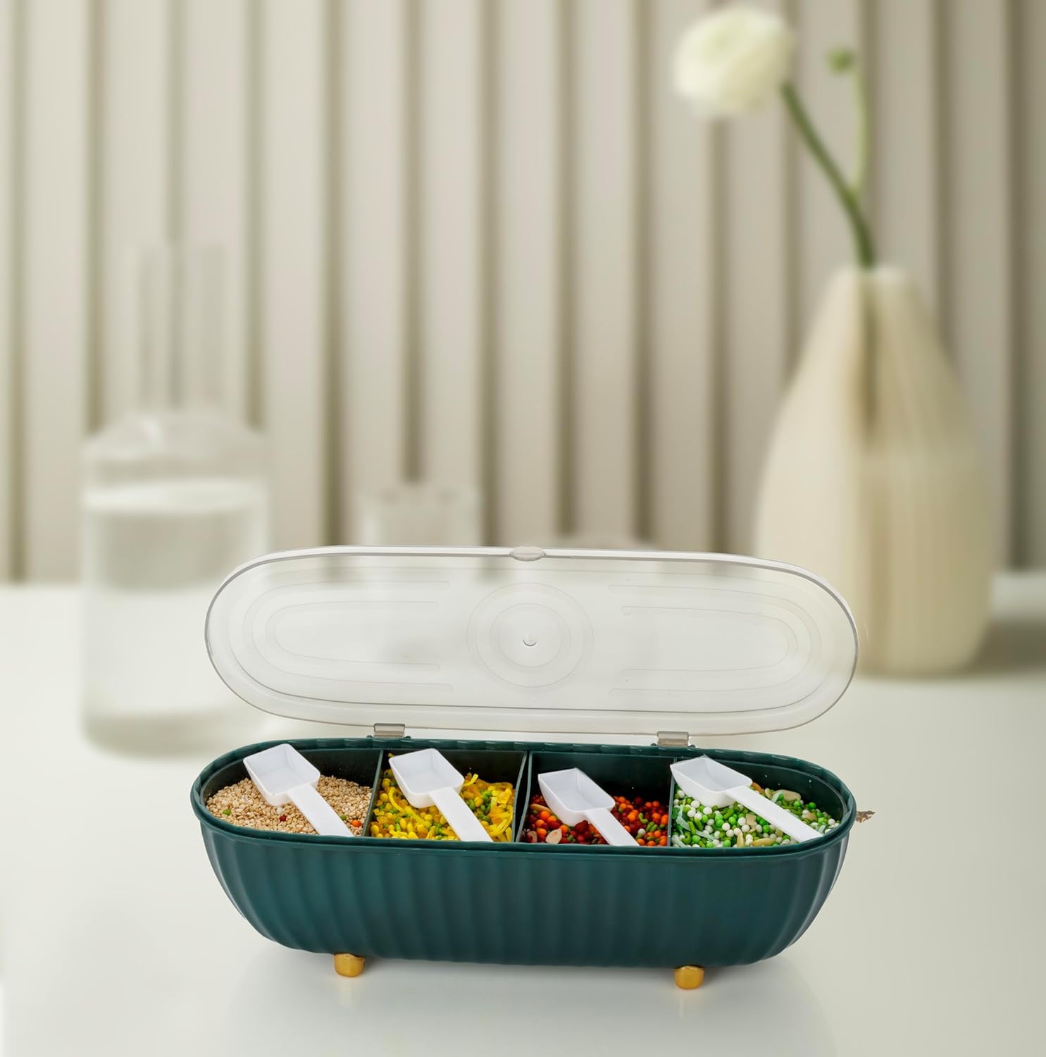 Zorzel Multipurpose Plastic 4 In 1 Masala Box for Kitchen, Spice Boxes Transparent Compartment Storage Containers Airtight Grocery, Dry Fruits with Spoons - (Pack of 1, Multicolor)-image-13