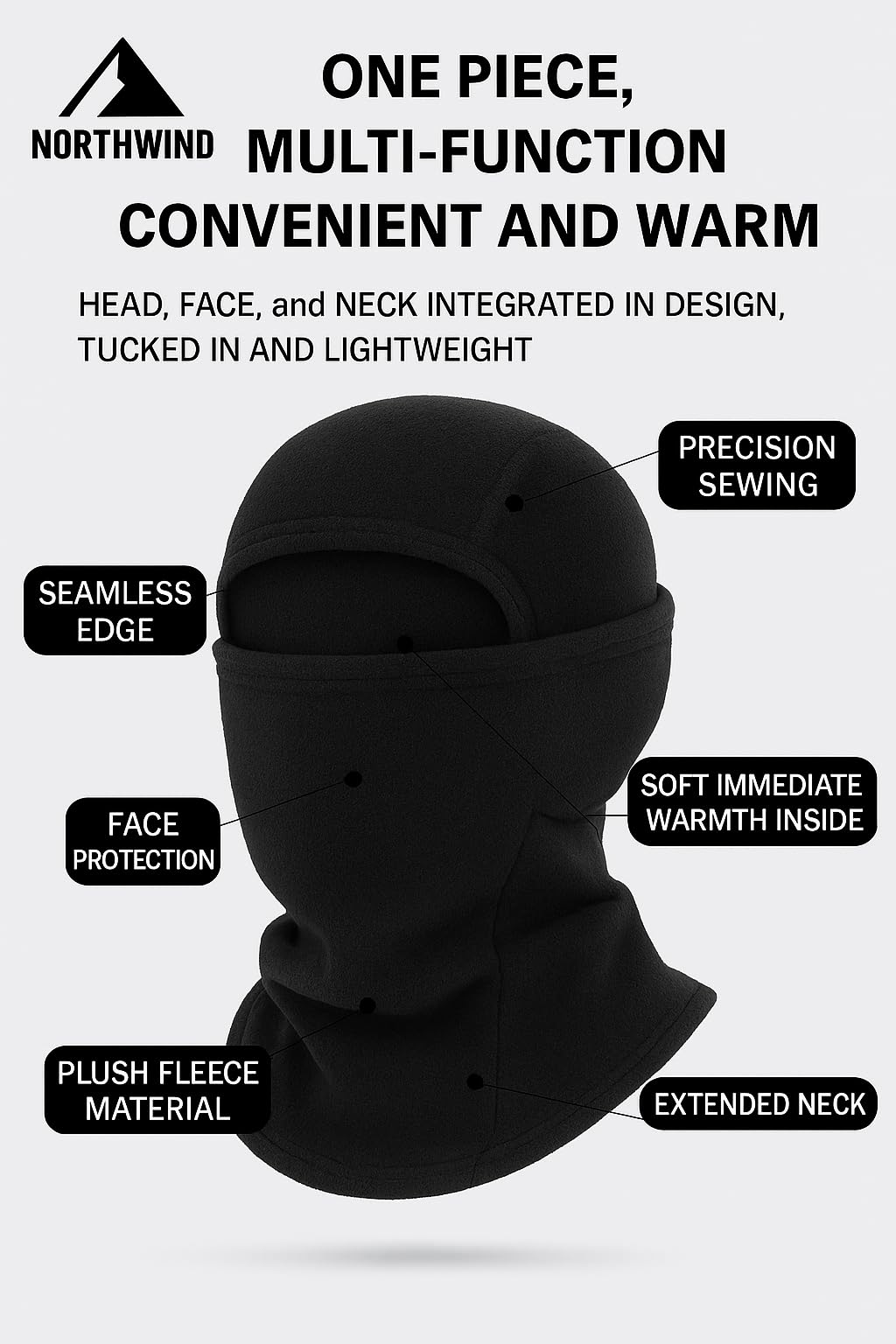 NORTHWIND Winter mask for Men Unisex Polar Fleece Thick Warm Full Cover Face Mask Winter Cap ski mask Winter Accessories for Men Cold Weather (Black)