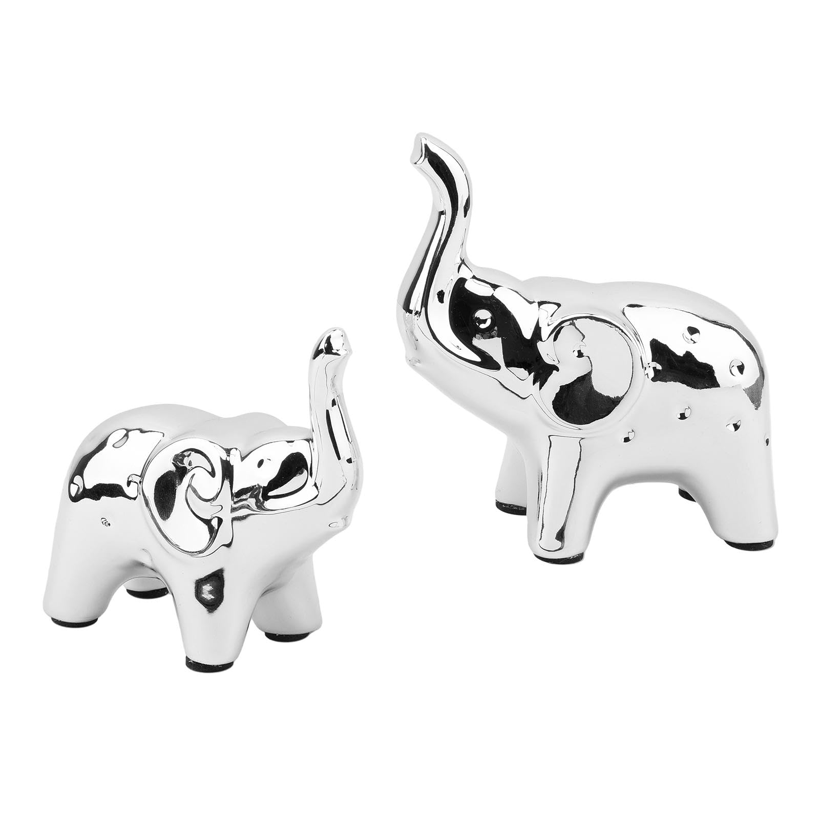 CALIDAKA 2Pcs Elephant Statue,Ceramics Elephant Decor,Elephant Statues Home Decor,Elephant Figurines with Trunk Up,Small Decor Accents Items for Elephant Lover,Christmas Ctmas Gift(Silver)
