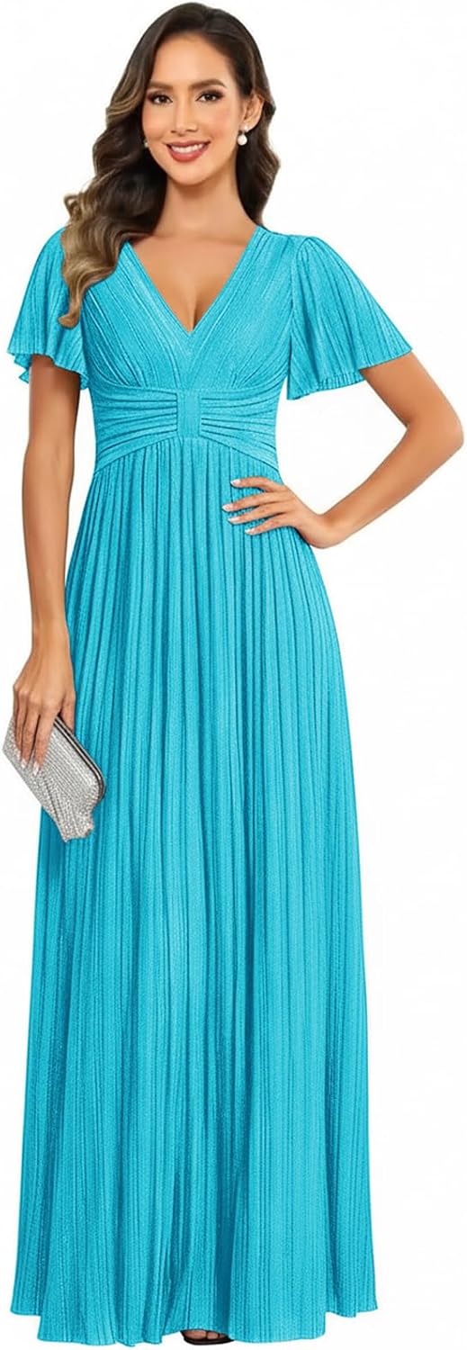 Sparkly Mother of The Bride Dresses for Wedding Women's V-Neck Pleated Formal Dress