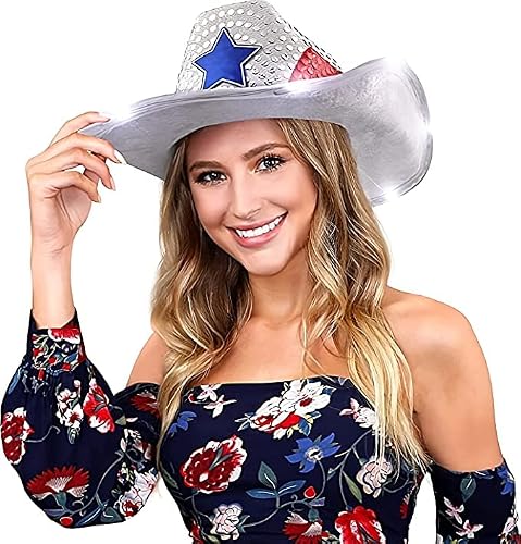 Blinkee Six Pack Led Flashing Patriotic Cowboy Hat With Blue White Red Sequins #TOP3