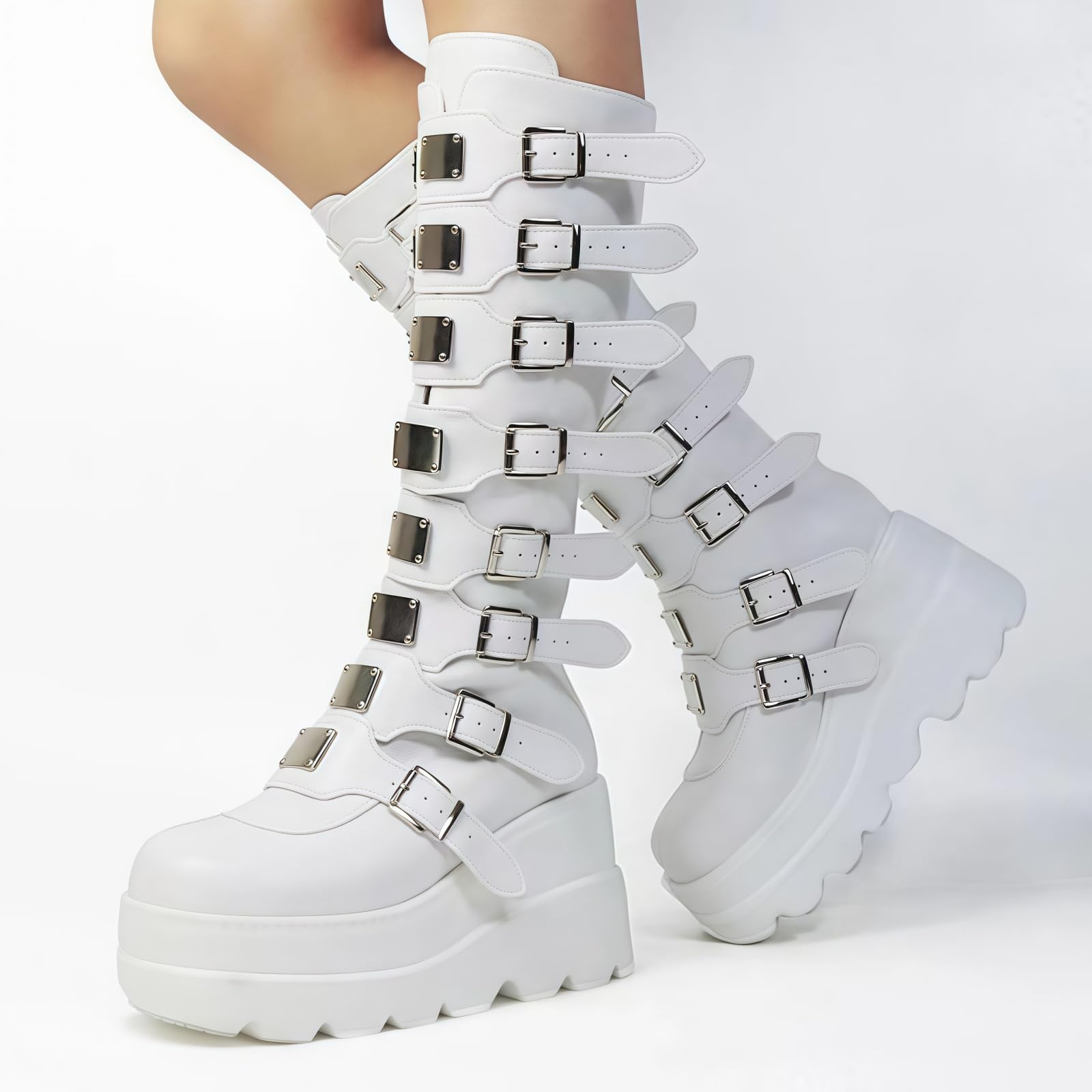 Damen Knie hohe Keil Plattform Stiefel mit Chunky hohe Plattform Absatz Spitze Up & Reißverschluss Punk Goth Mitte Kalb Kampfstiefel Motorrad Stiefel mit Metallschnallen für Herbst Winter
