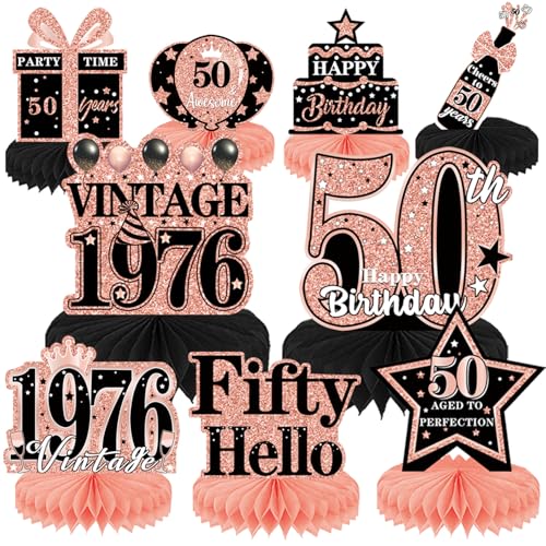 Image of 50th Birthday Decorations for Women, 9PCS Vintage 50th Party Table Decorations for Her, Rose Gold Honeycomb Centerpiece Decor Supplies for Fifty Year Old Birthday