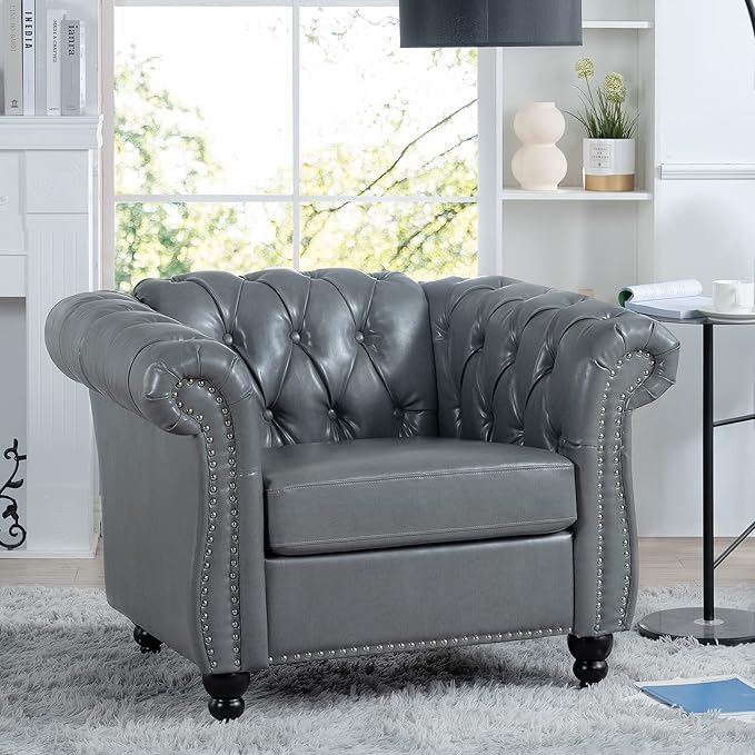 Image of WOODEN WORLD Modern & Classic Leather Sofa Set - Luxurious Comfort, Stylish Design, and Durable Build (Grey, 1 Seater)