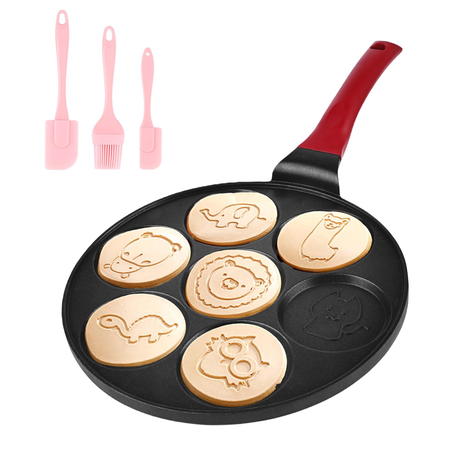 Padella Antiaderente per Pancake 26 cm con Sette Fori, Crepes Maker con Animale per Gas, Padella per Uova Fritte, Omelette, Frittelle, Hamburger