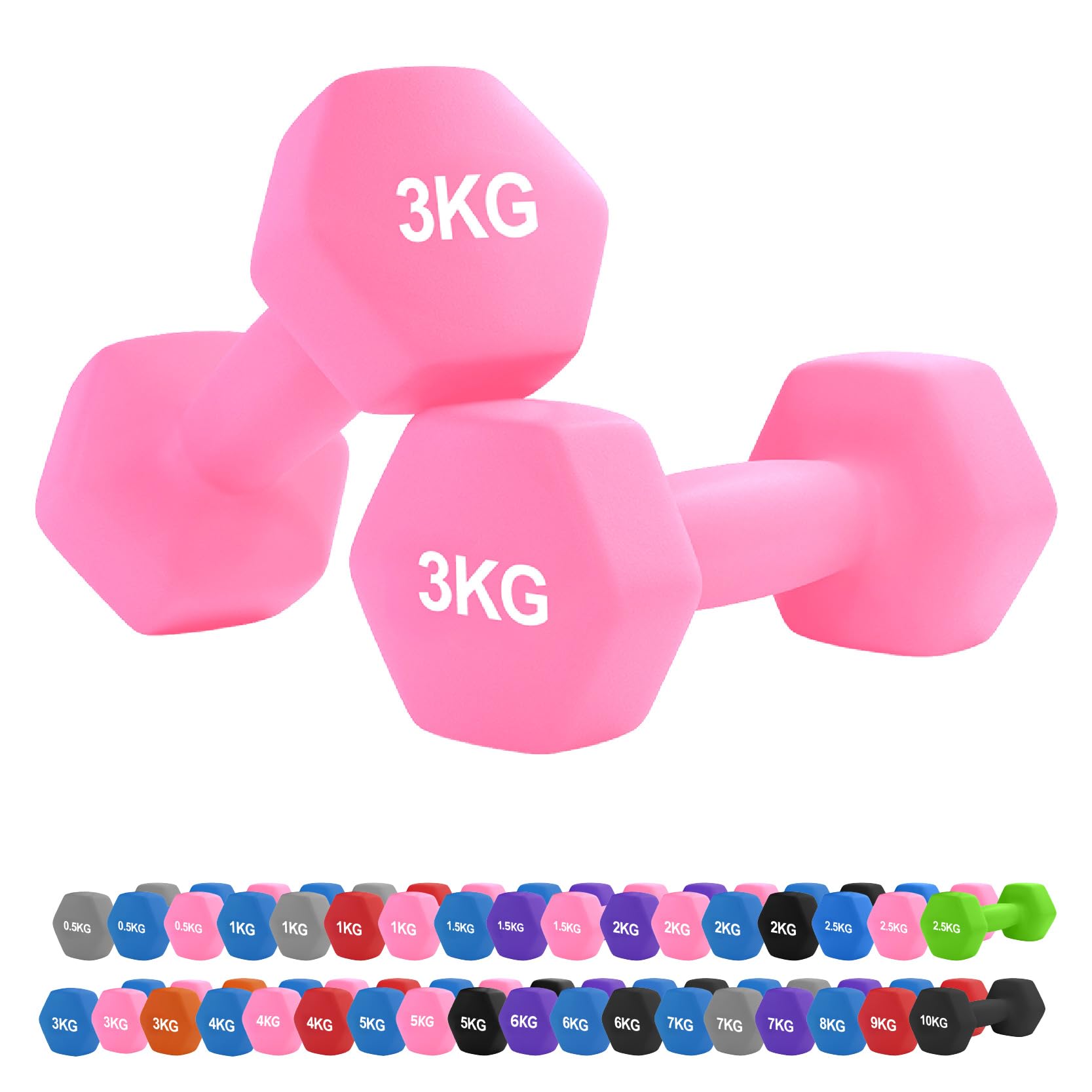 Neoprene Hex Dumbbell Set 0.5–10kg – Non-Slip Comfort Grip Hand Weights for Home Gym, Strength Training, Full-Body Workouts, HIIT, CrossFit, Pilates (3Kg Pair-Pink)