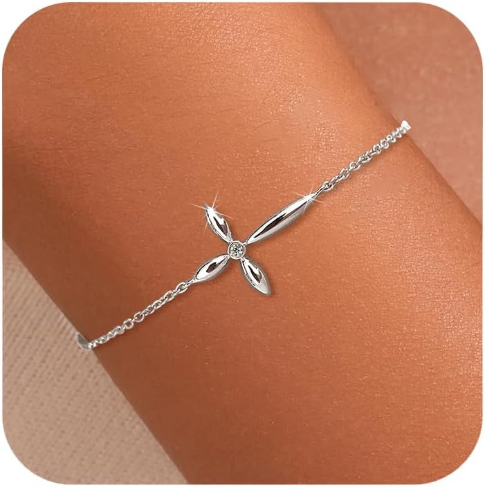 LOVECOM 14K Gold Plated Cross Bracelets for Women Mother Daughter 925 Sterling Silver Diamond Cubic Zirconia Link Chain Bracelet Stack Friendship Charm Bracelet Christian Jewelry Birthday Gifts