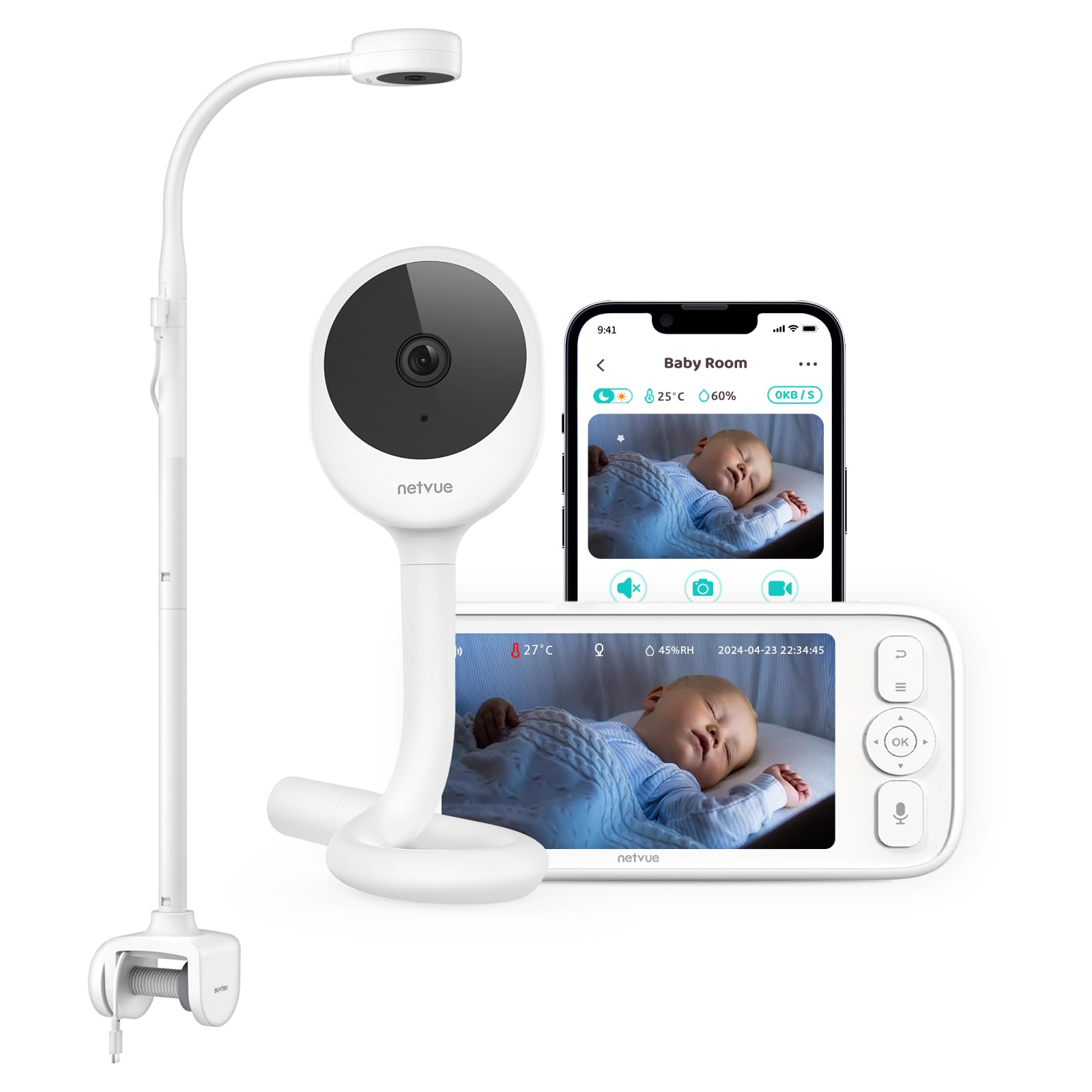 NETVUE Camara Vigilancia Bebe con Soporte 4 en 1, Inalámbrico 5000mAh 5" Vigilabebes con Camara, Baby Monitor con App, Visión Nocturna, Audio Bidireccional, VOX, Detección de llanto, sin WiFi