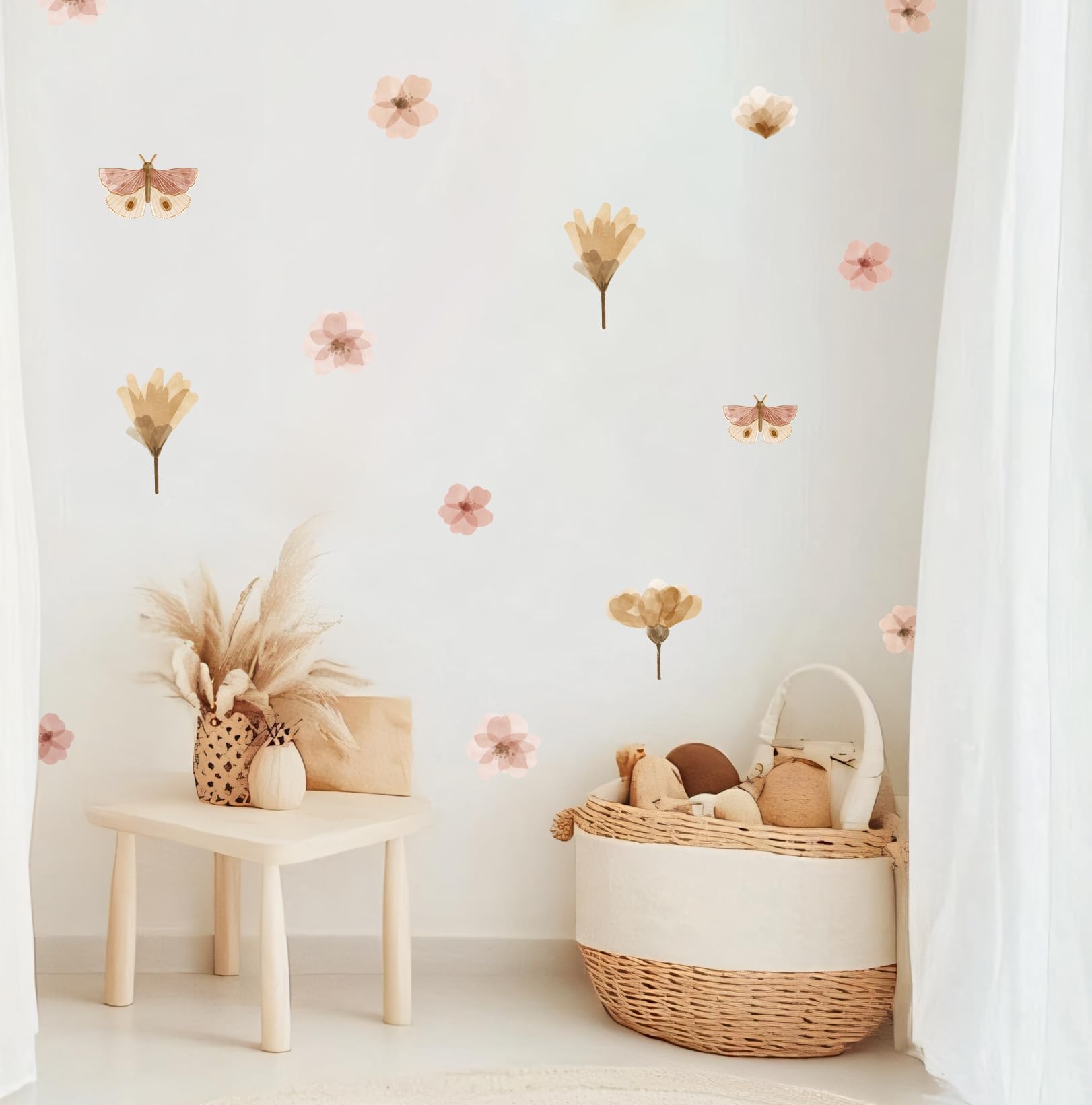 Adesivo da parete per cameretta dei bambini - Adesivo da parete per cameretta dei bambini - Non tossico, sicuro, potente - 46 pezzi adesivi, fiori boho - rosa, marrone, cipria, beige