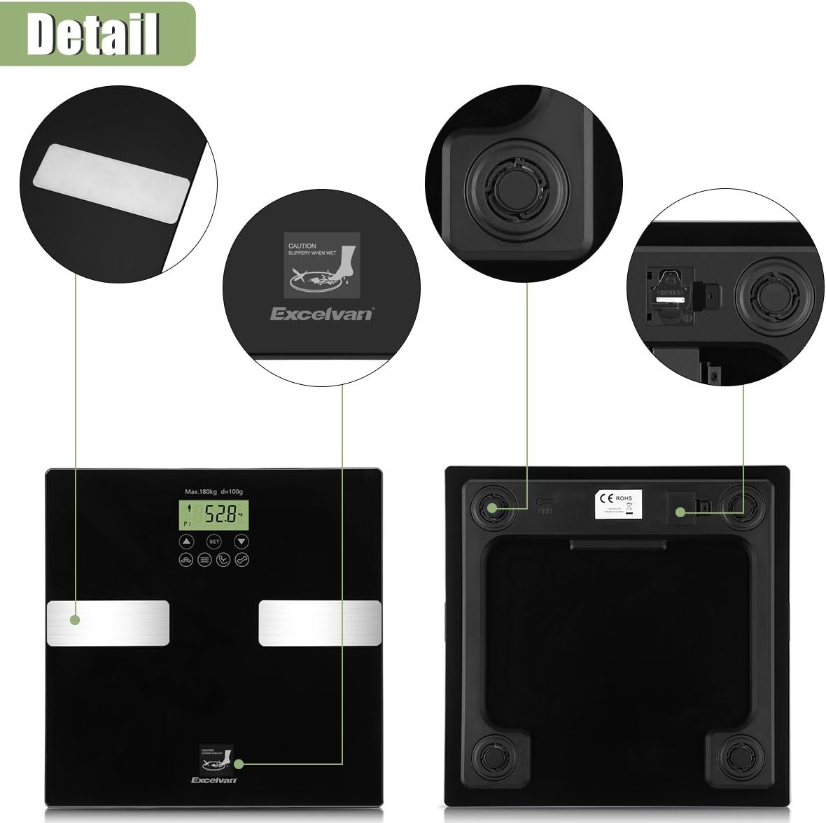 Detailed view of the Excelvan Body Analysis Scale's underside, showing the battery compartment and unit switch.