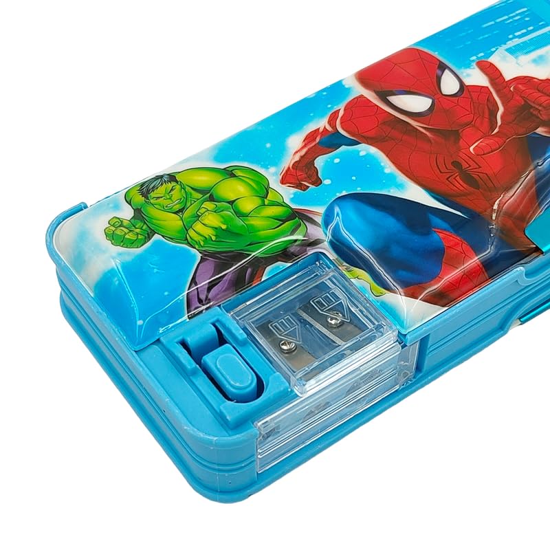 Image of Spiderman Pencil Box Integrated Sharpener and Calculator, Magnetic Lock, Dual Compartments, Cartoon Stationery Case School Kit for Girls, Kids, Students Combo Set of 6in1