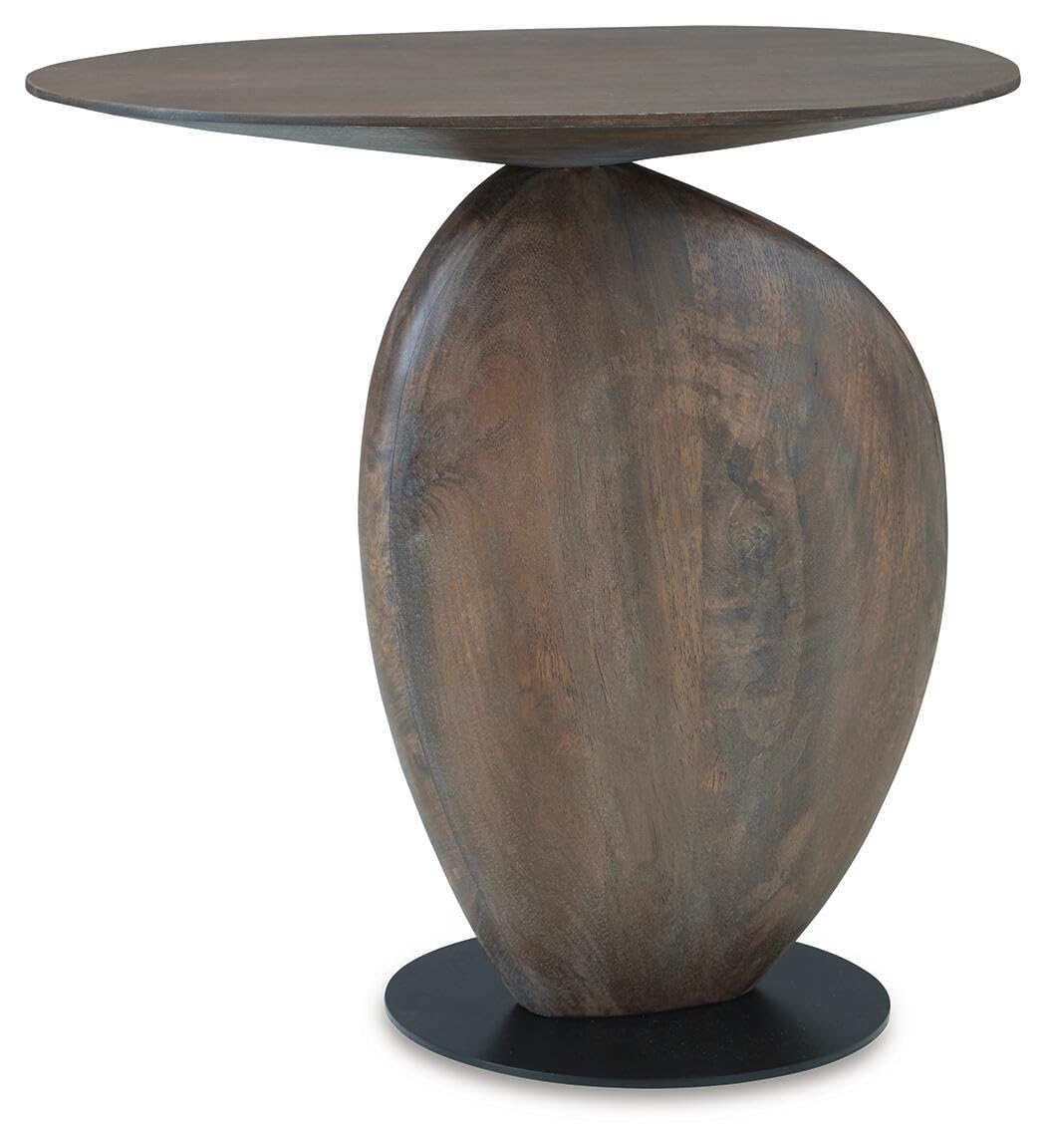 Signature Design by Ashley Cormmet Accent Table, Industrial Wood Side Table | Solid mango wood top, Industrial metal pedestal base, Space-saving design, Living room use
