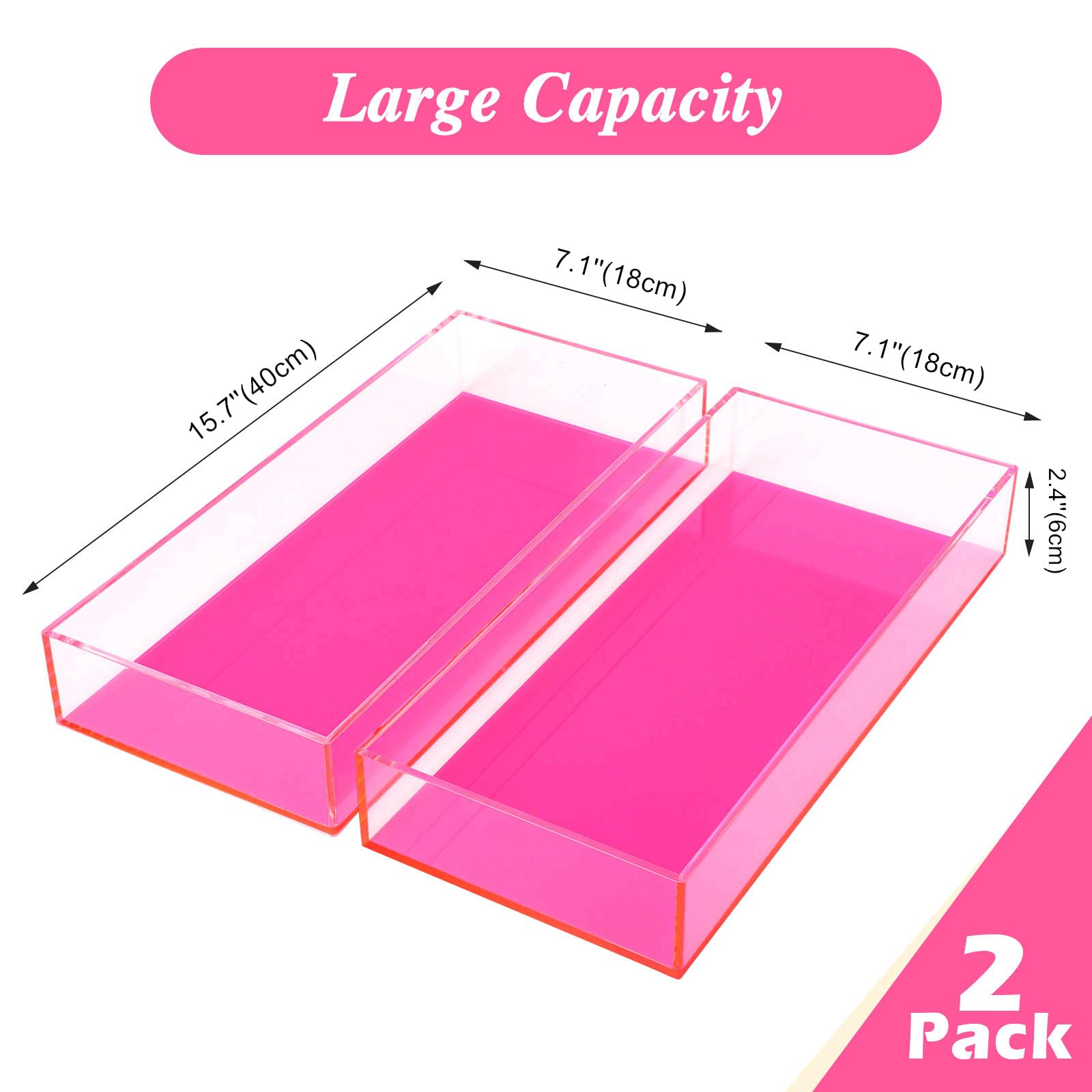 Mutellstory Stackable Silverware Drawer Organizer 2 Pack Acrylic Kitchen Utensil Holder with Neon Effect Heavy Duty Cutlery Tray Flatware Storage Box, 15.7 x 7 x 2.4'', Neon Pink