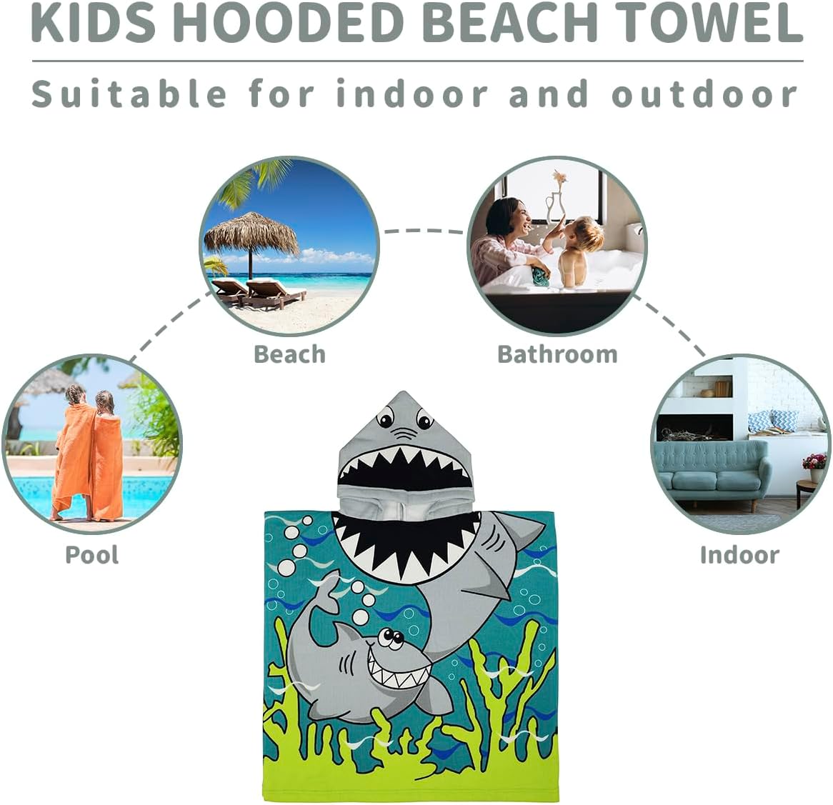Cute Animal Hooded Beach Towel, Microfiber Bath Towels for Kids Toddler Infant Boy Girl, Animal Towels for Bath Pool Swim Swimwear Summer Beach Cartoon Shower Gifts (24x24 Inch, Shark)