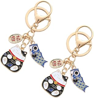 2pcs Lucky Cat Keychain Maneki Neko Fortune Japanese Cat Keyring For Car Purse Backpack Handbag