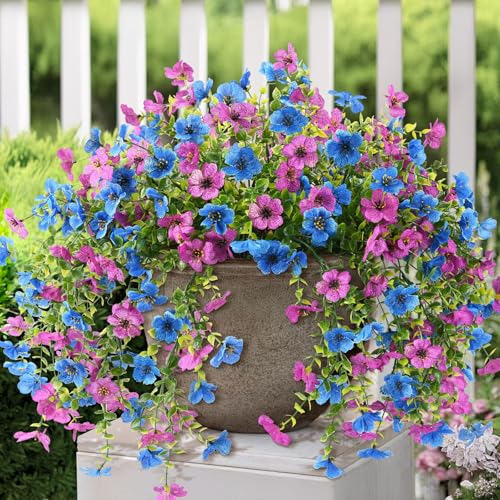ZFProcess Artificial Hanging Flowers for Outdoors Spring Summer Decoration, 2PCS Silk Fake Daisy Realistic Outdoor Flowers UV Resistant Porch Patio Window Yard Decor(Purple Blue)