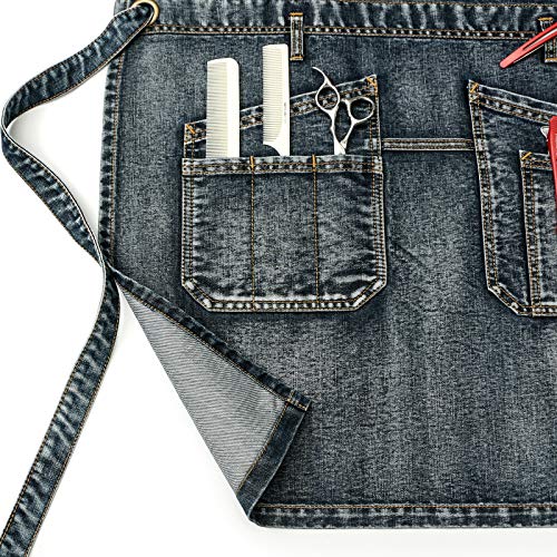 Jeanerlor – Aventais de cabeleireiro jeans de algodão com bolsos para mulheres, avental de trabalho