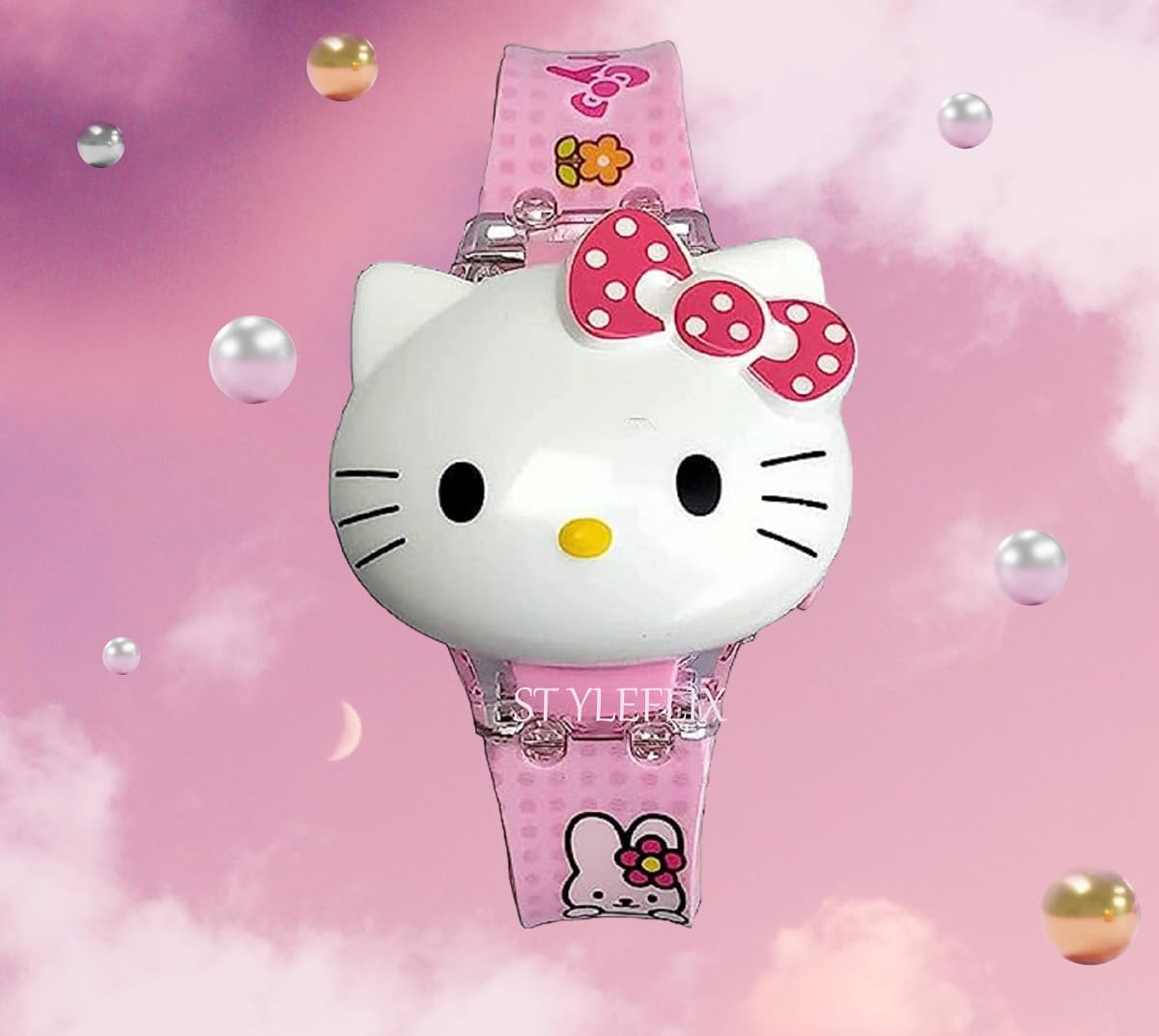 STYLEFLIX Kids Edition Hello Kitty Face Based Toy watchwith Light Multicolor Led Rotating Pattern Light and Music for Kids Watch Digital Watch - for Girls Pink [3-10 Years] - Image 6 thumbnail