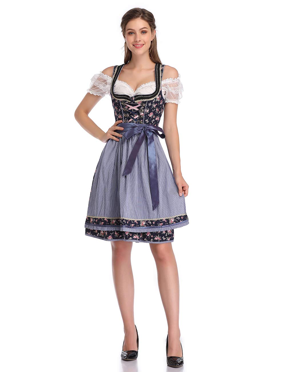 KOJOOIN Abito Donna Dirndl Bavaria Oktoberfest Set 3 Pezzi Camicia e Grembiule Dirndl Manica Corta Grembiule Bavarese Oktoberfest Cameriera Abiti da Festa