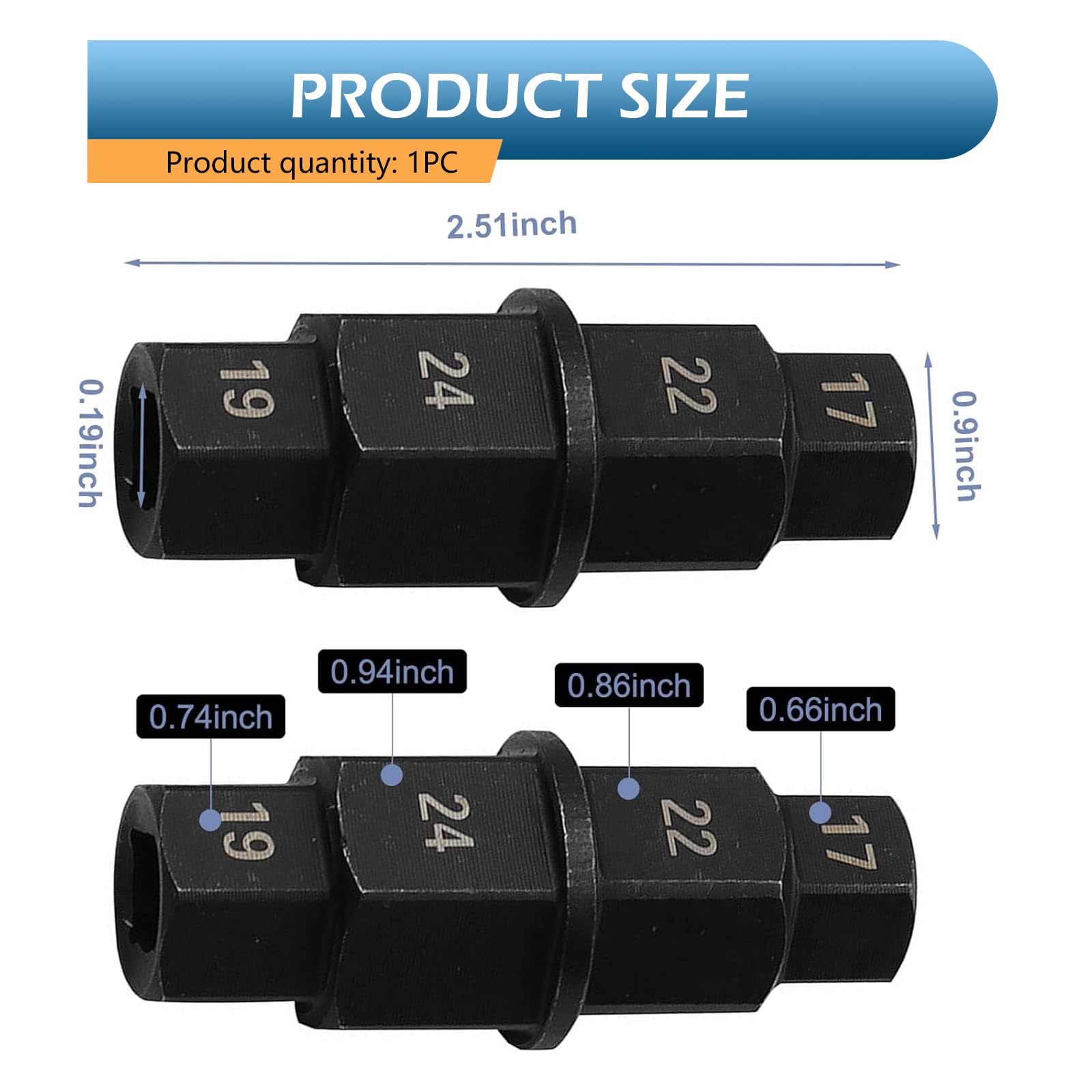 Diamall 1 PC Motorcycle Hex Axle Tool, 17/19/22/24mm Front Rear Wheel Spindle Socket Adapter Tool, High Strength Steel Axle Hex Spindle Driver Socket Tool, Universal for Most Motorcycles (Black)