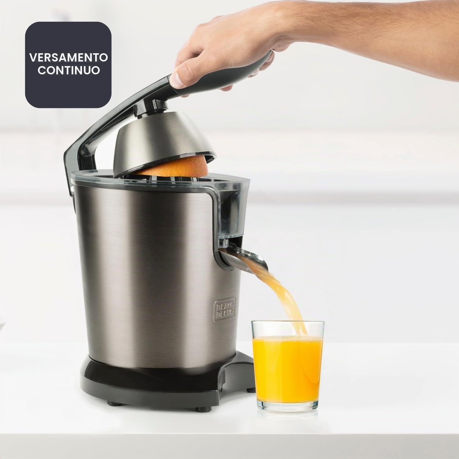 BLACK+DECKER - Spremiagrumi a Leva 350W | Motore AC Pro | 2 Coni | Serbatoio 0,65L o Erogazione Continua | Anti-Goccia | Filtro Polpa | Parti Lavabili | Senza BPA | Acciaio Inox