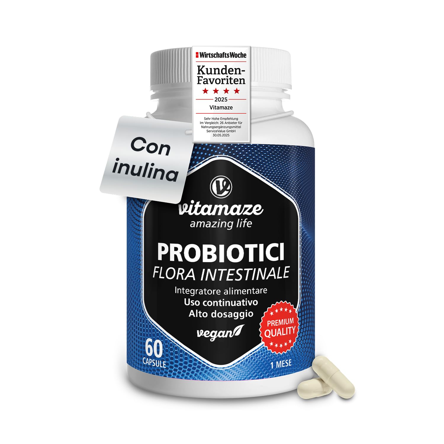 Probiotici per Intestino 16,​2 Miliardi di UFC + Inulina al giorno, Fermenti Lattici Probiotici per la Flora Intestinale, Integratori de Alto Dosaggio 60 Capsule de Probiotici e Prebiotici. Vitamaze®