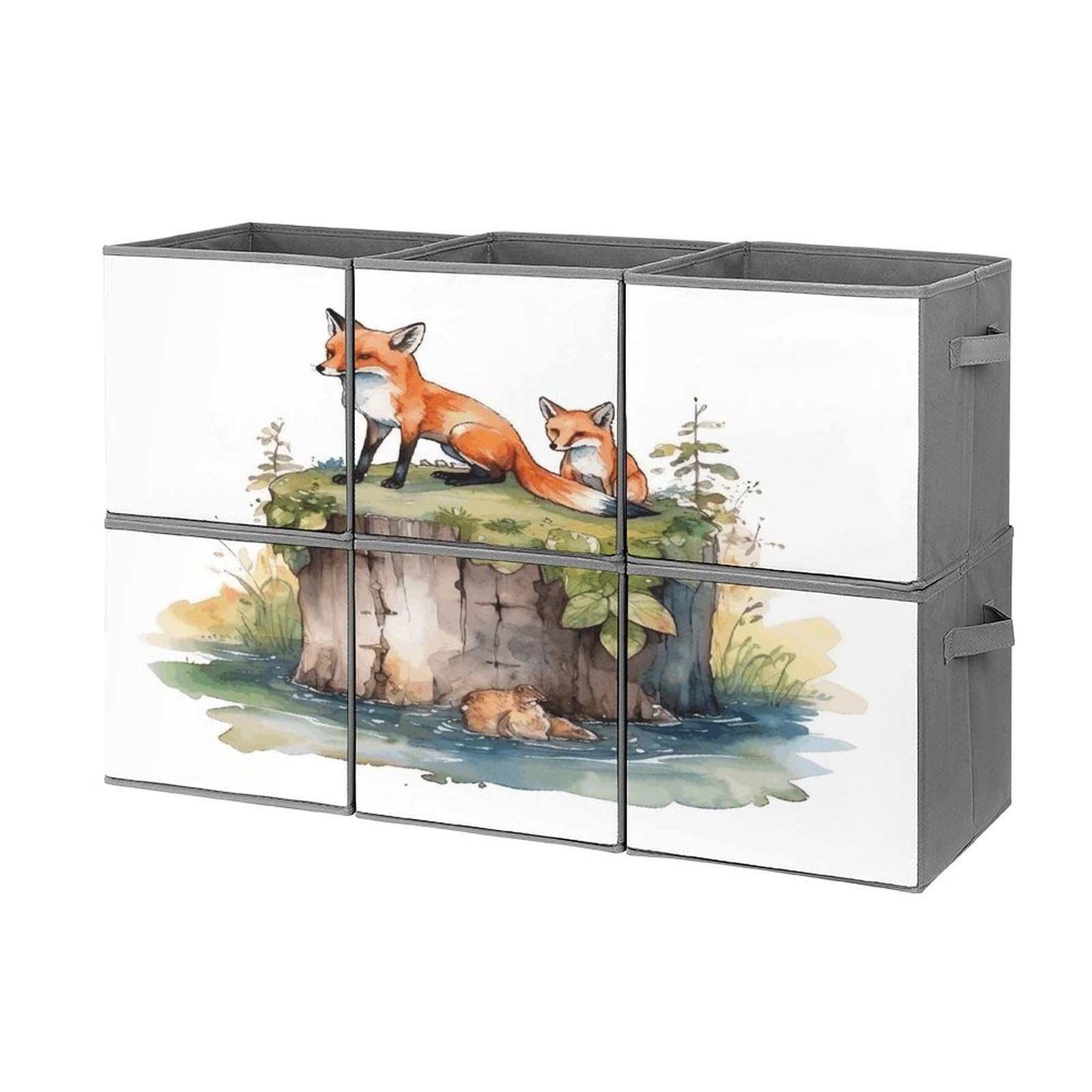 Btcowzrv Style Hand Drawn Fox Storage Cubes, 6 Pack Oxford Fabric Foldable Collapsible Bins With Handles, Cubby Storage Baskets Boxes For Closet Shelves Office Organization