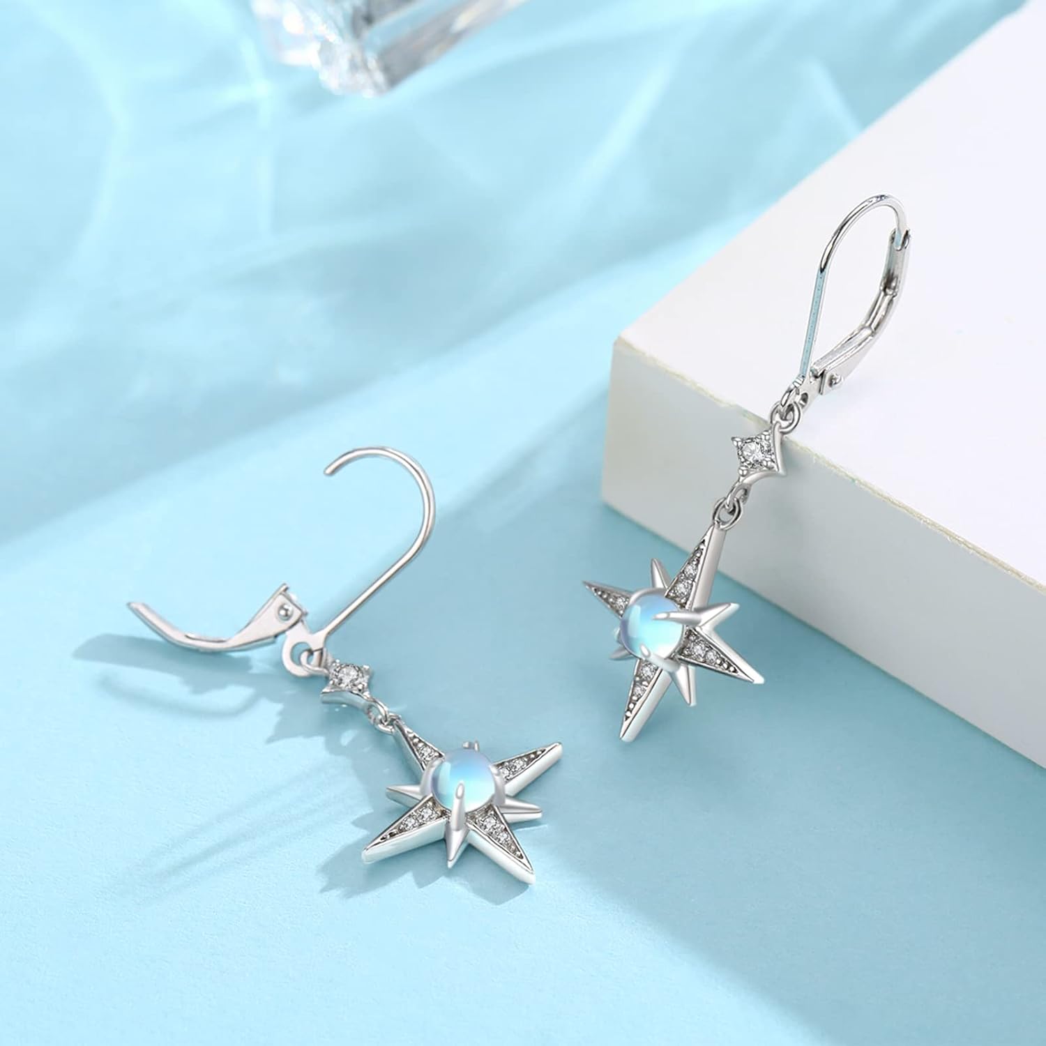 Star Earrings for Women 925 Sterling Silver Star Dangling Drop Earrings with Moonstone/Zircon Jewelry Gifts for Women - Image 2