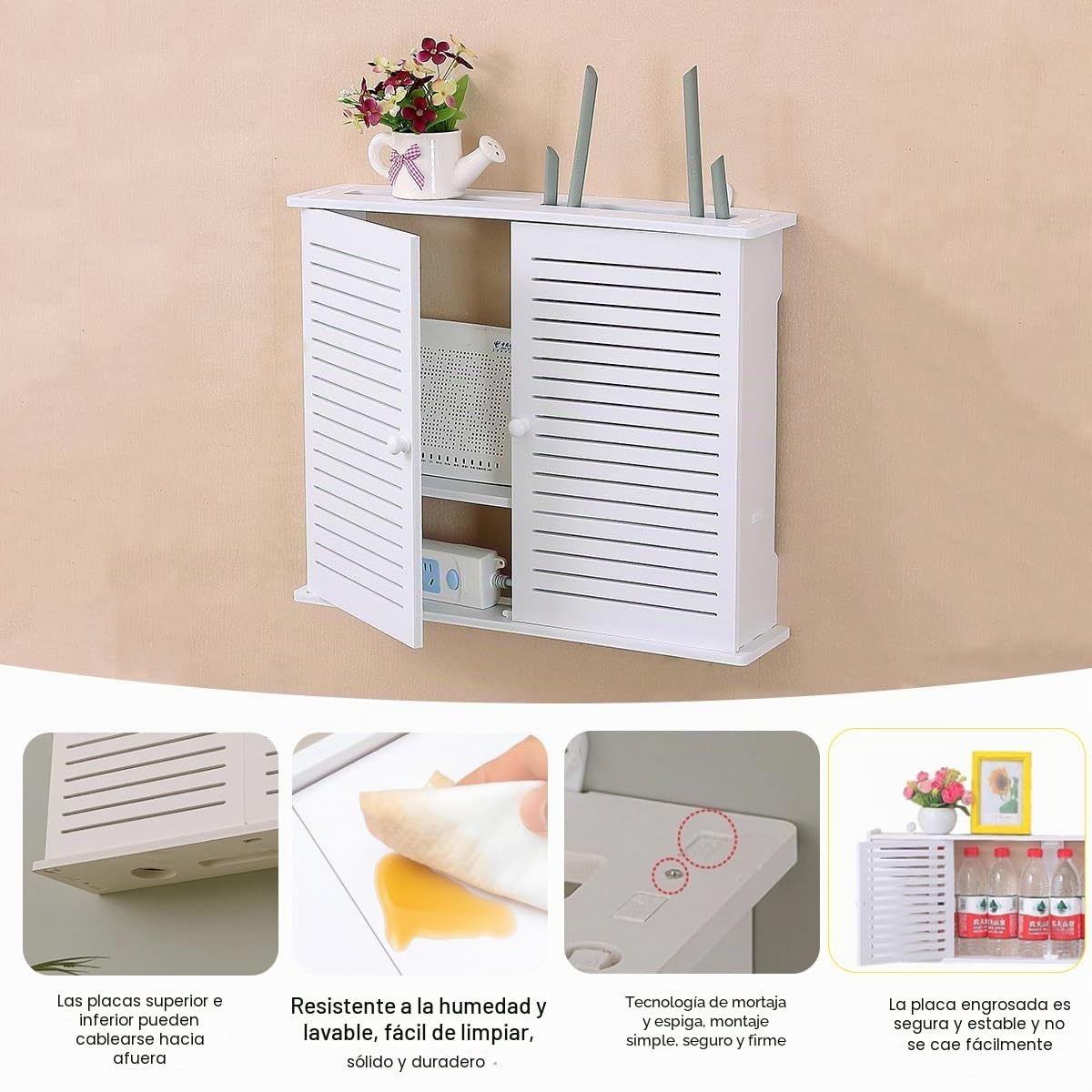 Caja de almacenamiento WiFi de pared, ocultador de router, cubierta de cables de módem, estante doble, organizador ventilado de PVC, para hogar y oficina(54x10.5x42cm/21.2 * 4.1 * 16.5in)