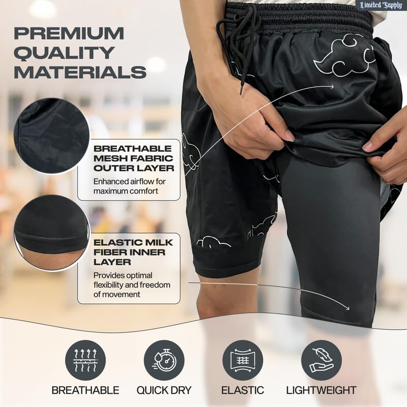 CROWN Anime Shorts - Breathable Mesh Stretch Compression Gym Short with Pockets and Towel Holder (M-BlackCld2)4
