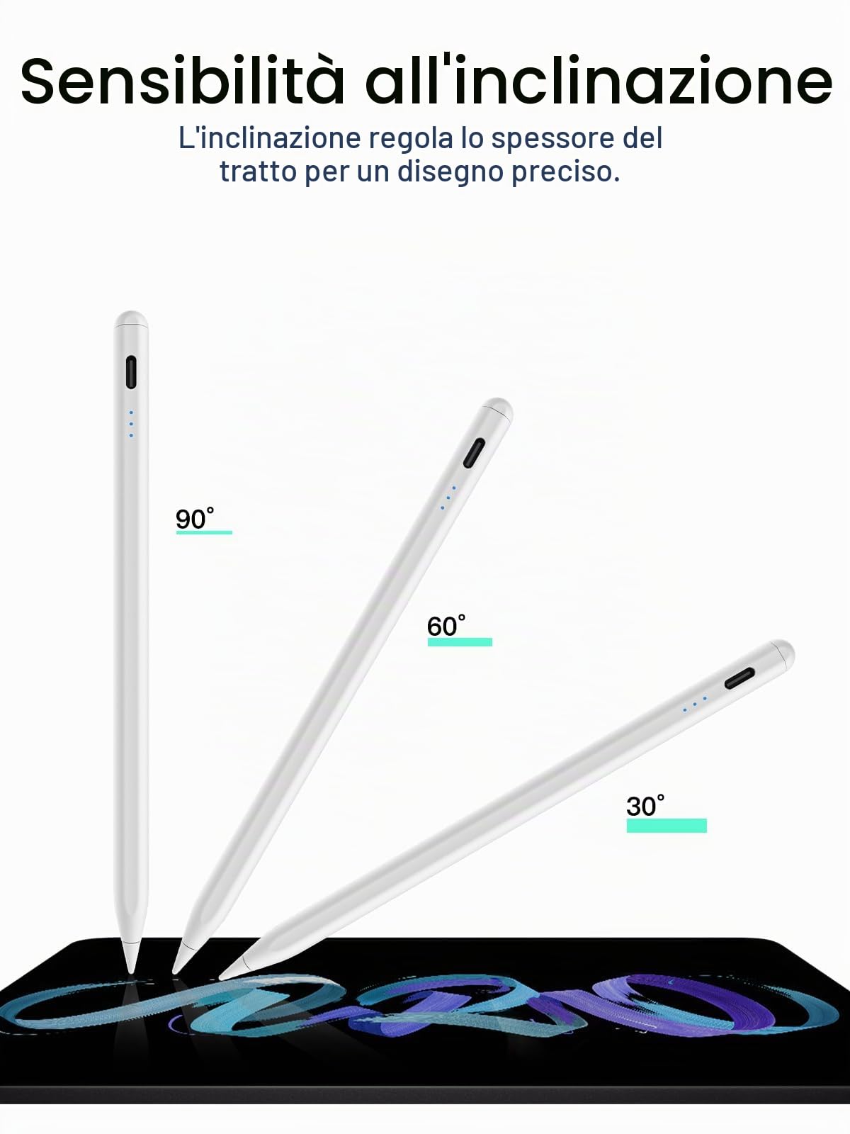 Penna per iPad 2018-2026 Ricarica Rapida Rifiuto Palmo Inclinazione Compatibile iPad 11/10/9/8/7/6/A16 Mini 7/6/5 Air M4/M3/M2 11" 13" 5/4/3 Pro M5/M4 13" 12.9" 11"