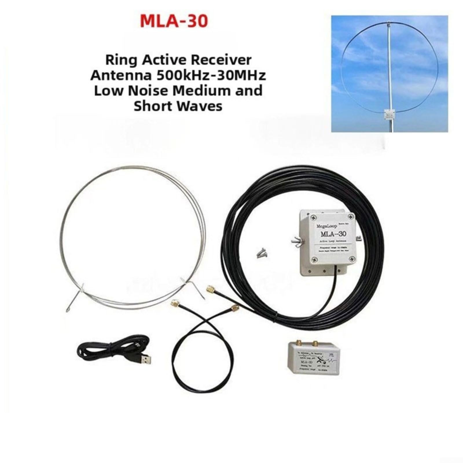 Antena receptora activa MLA-30+, bucle de onda corta de 500 KHz-30 MHz, para radio SWL HAM, ganancia direccional de bajo ruido, diseño compacto al aire libre, para instalación en la azotea