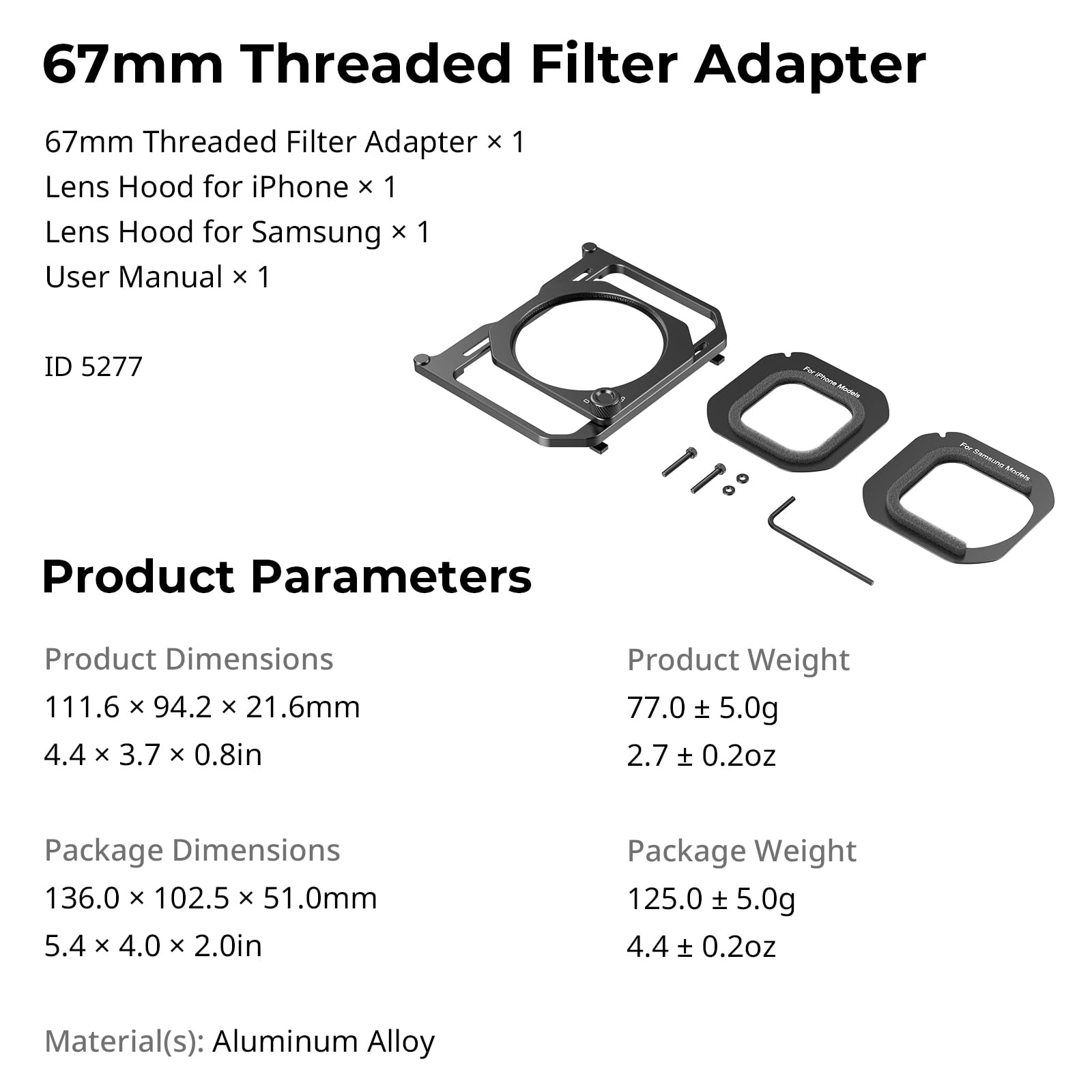 SMALLRIG Adaptateur de Filtre 67 mm avec Pare-Soleil Amovibles pour Cage de Téléphone Universelle 4704/4597/5275/5276/4299B, pour iPhone, pour Samsung et Smartphones - 5277
