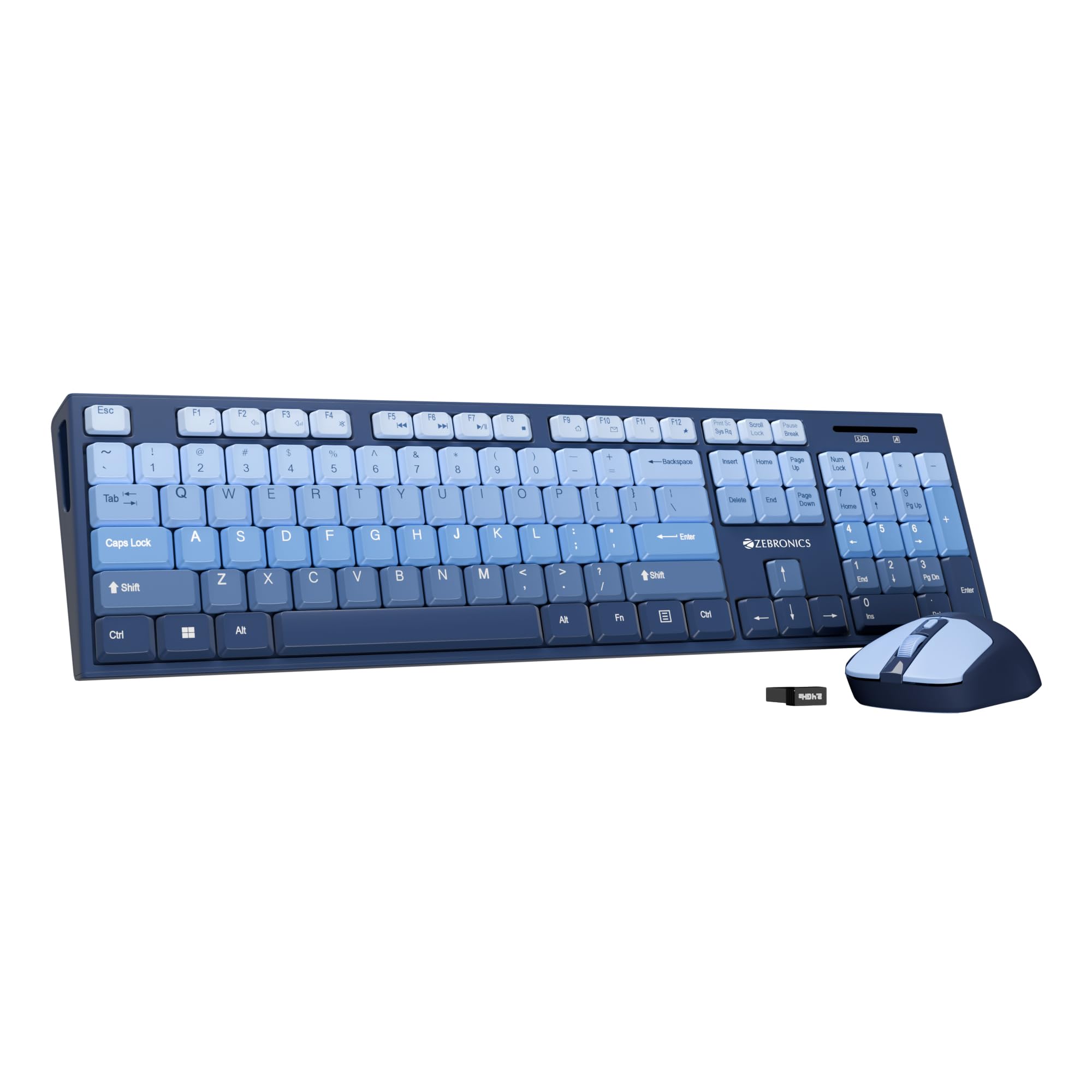 Zebronics Wireless Keyboard & Mouse Combo, 104 UV-Printed Keys, ₹ Key, 12 Multimedia Keys, Retractable Stand, 4 Button Mouse, 1600 DPI, High Precision, USB Nano Receiver (Companion 304, Dark Blue)