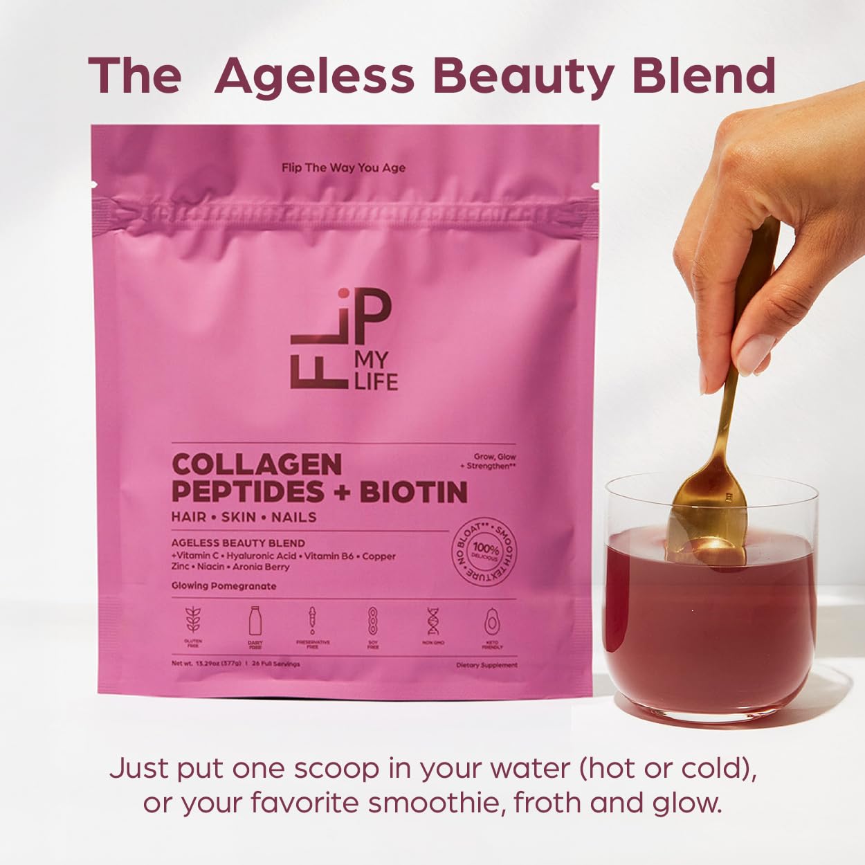 Flip My Life Collagen Peptides + Biotin, Hyaluronic Acid & Vitamin C - For Hair, Skin, Nails - Gut Health/Joint Support - Ageless Beauty Blend Supplement Powder for Men/Women - 9g Protein—26 Servings