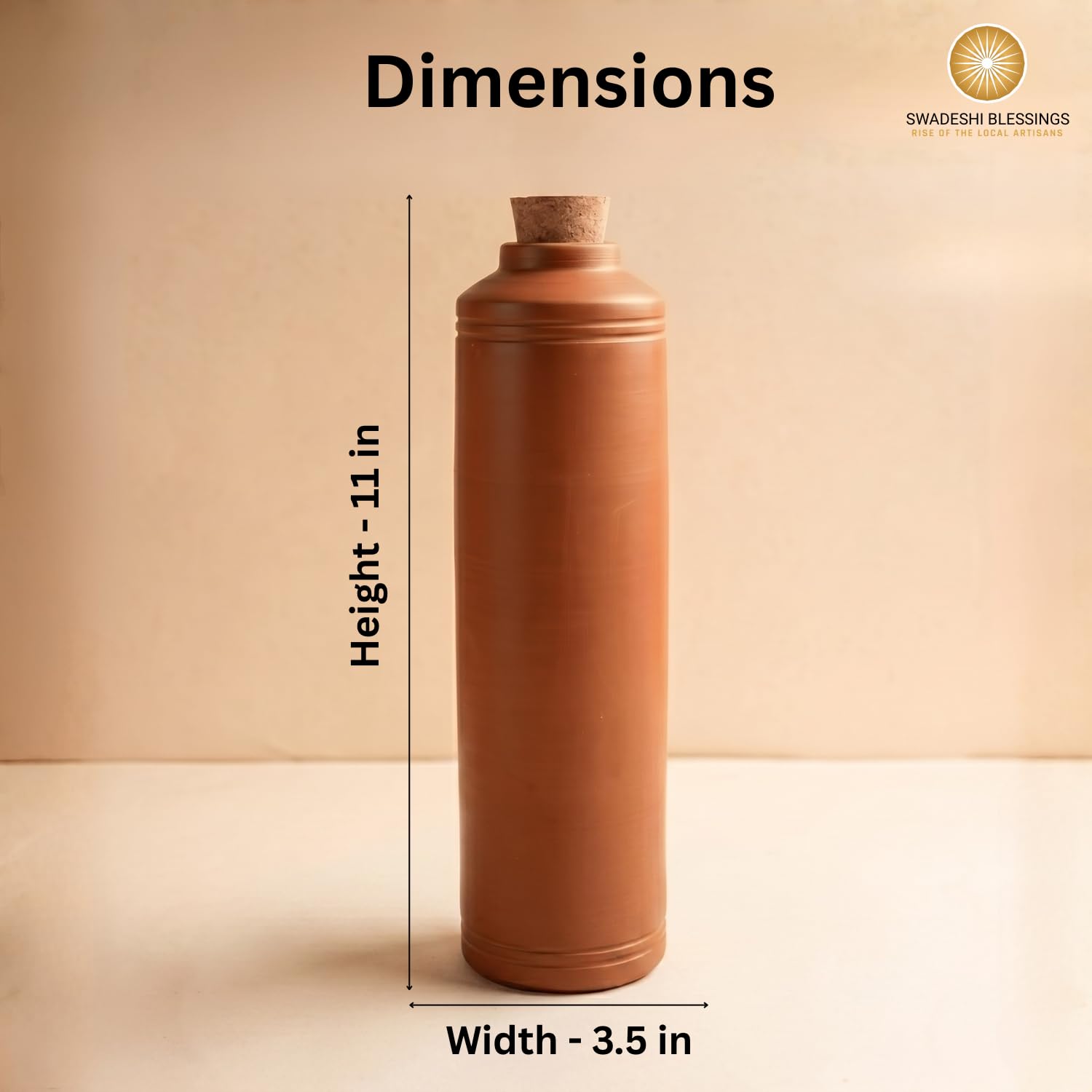 SWADESHI BLESSINGS Exklusive Produktreihe, unglasierte, handgefertigte Ton-Trinkflasche mit Tonkork/irdener Wasserflasche/Schlammflaschen/Mitti-Ke-Flaschen/Ayurvedischer Artikel (mit Spiegel-Finish) +