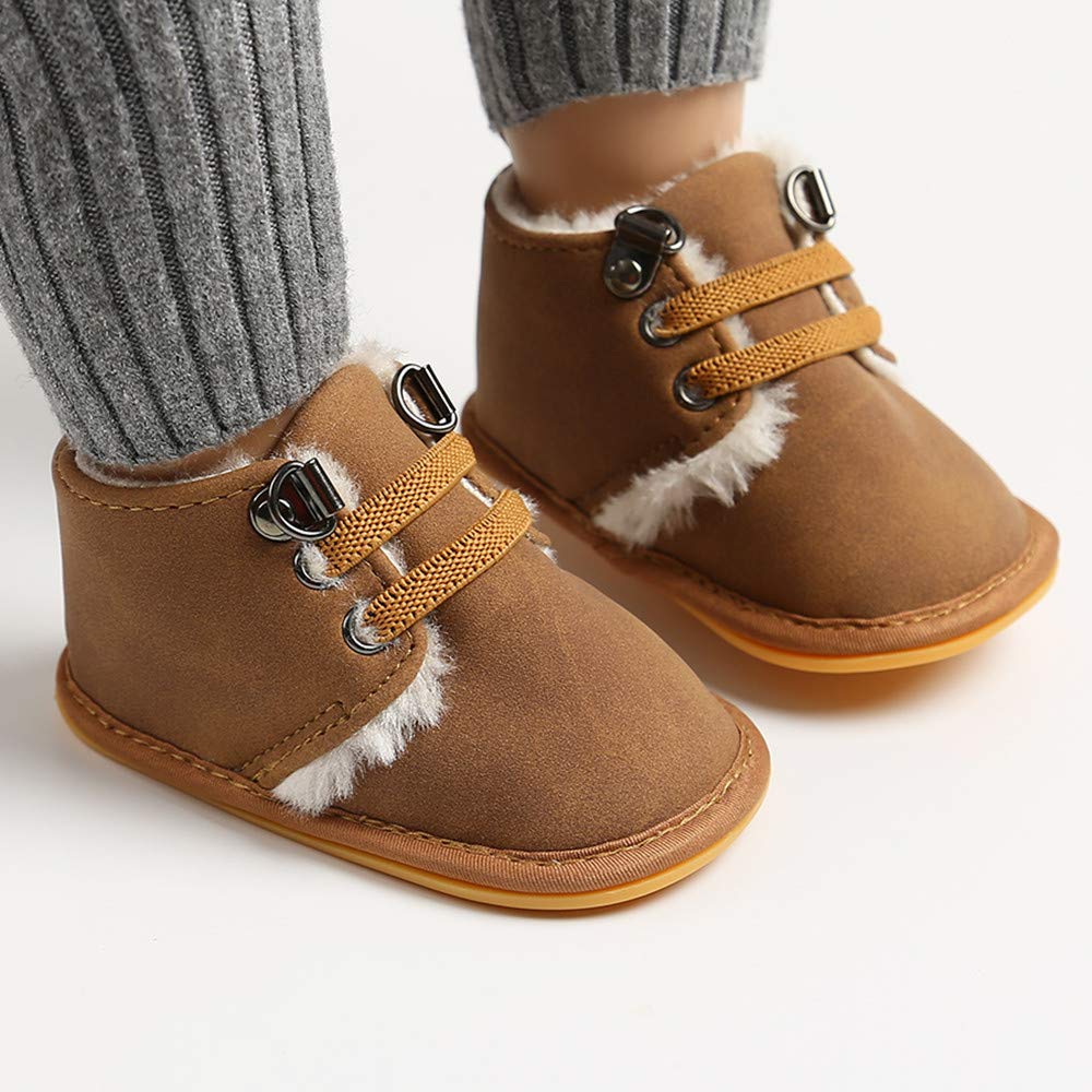E-FAK Newborn Baby Booties Boys Girls Shoes Winter Warm Fur Lining Anit-Slip Rubber Sole Infant Toddler Prewalker Boots(6-12Months, A/Camel)