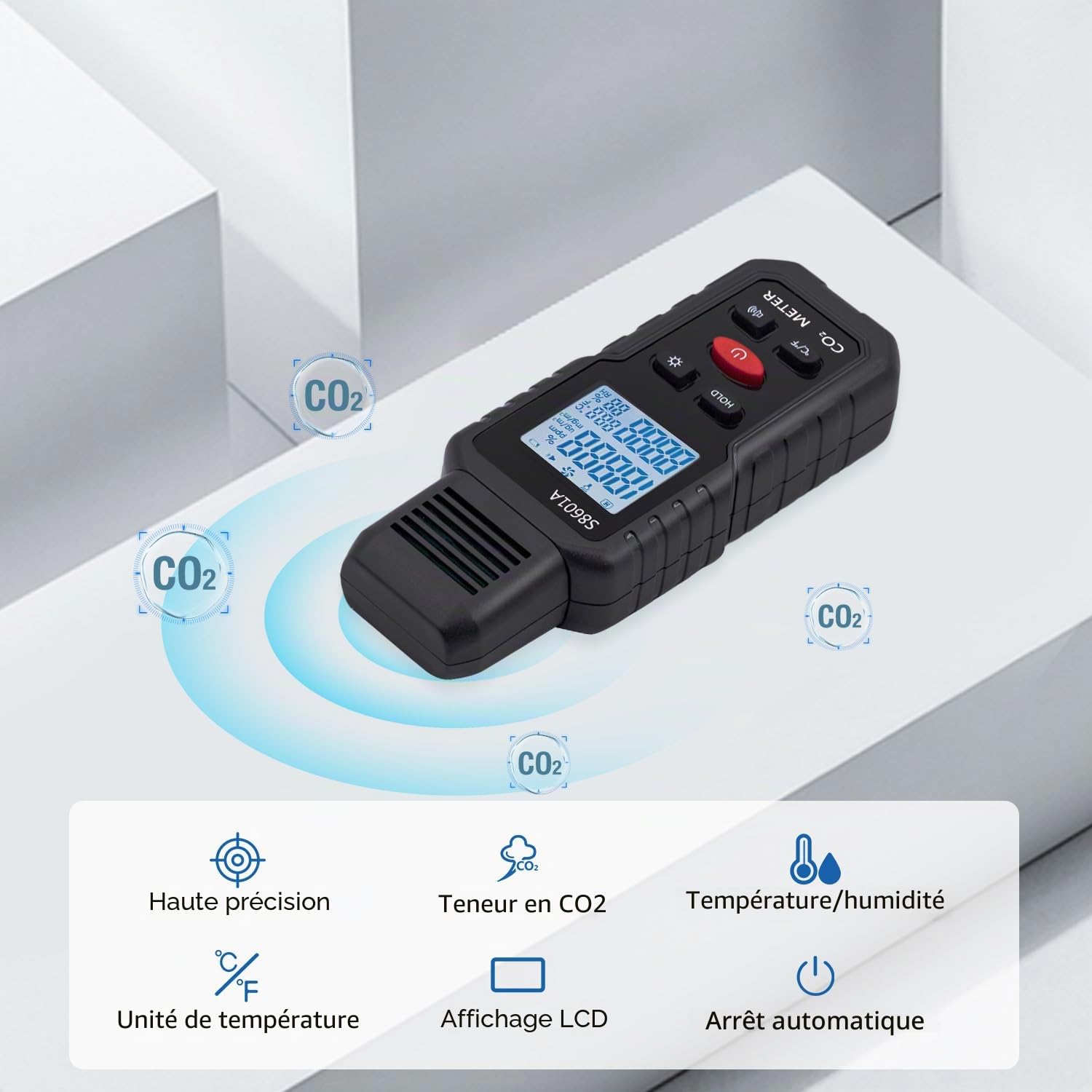 Mcbazel Moniteur de Qualité de l'Air 3 en 1,Détecteur CO2,Mètre de Température et d'Humidité,Mètre Environnemental Infrarouge CO₂ Support Rappel Vocal/Lumière pour Ecoles, Maisons,Bureaux,Lieux Public